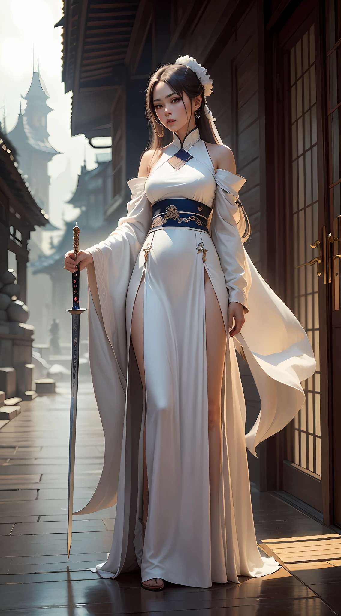 a close up of a woman with a sword in a white dress, a character portrait by Yang J, trending on cgsociety, fantasy art, beautiful character painting, artwork in the style of guweiz, guweiz, white hanfu, flowing white robes, full body wuxia, epic exquisite character art, stunning character art, beautiful female assassin --auto