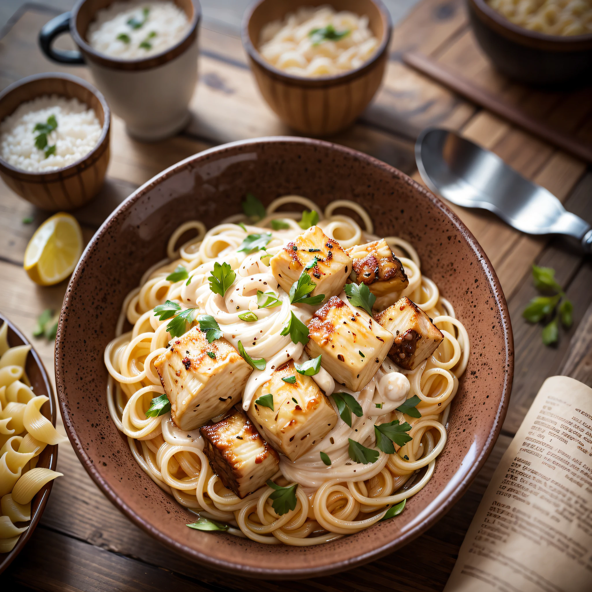 "Pasta Noodle Screw, frango grelhado, fotografia profissional comida, fotografia real."