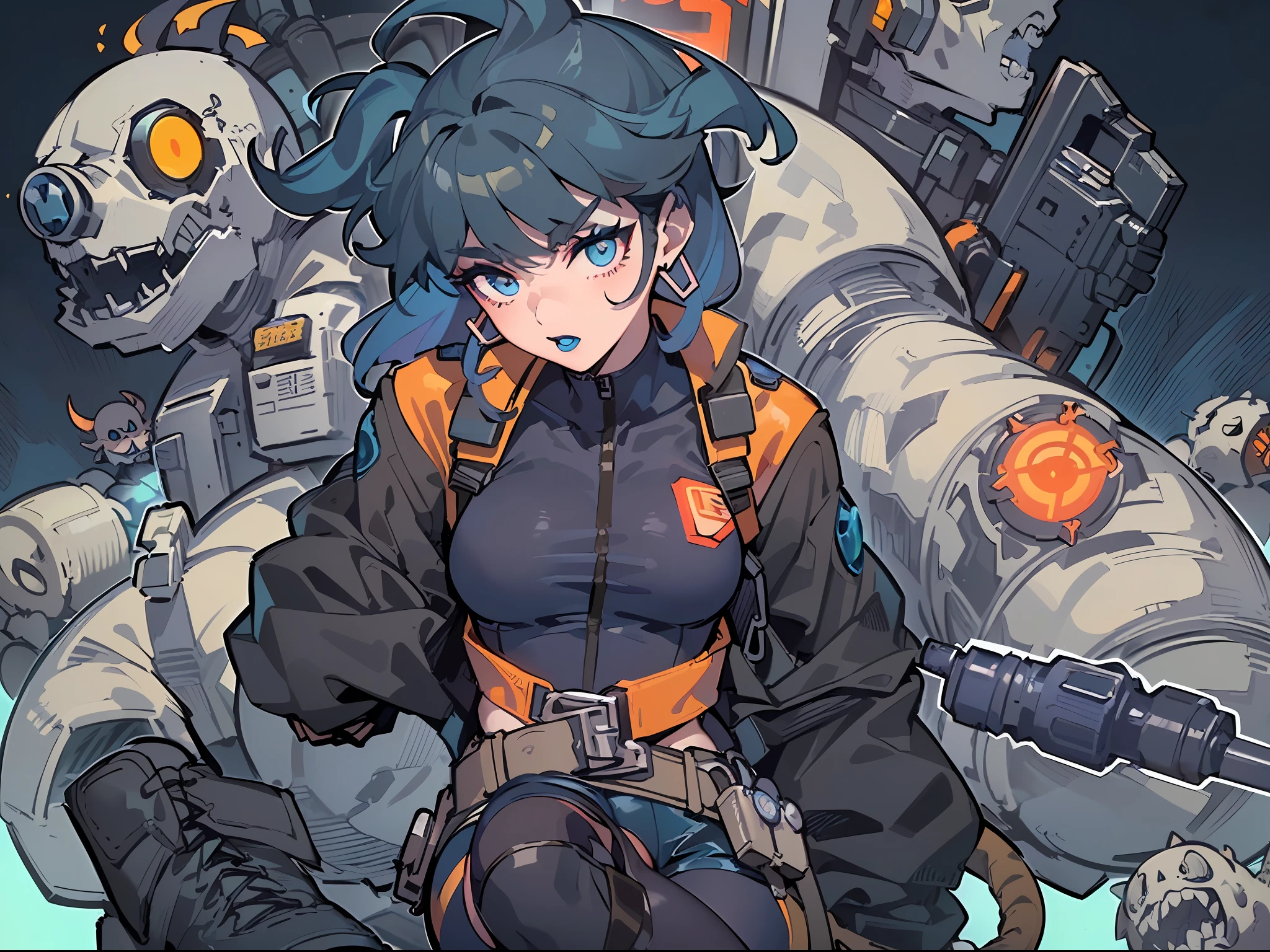 (masterpiece), best quality, expressive eyes, perfect face, ((Kylie Griffin from Extreme Ghostbusters cartoon)), ((Kylie Griffin)), (pale skin, eyeshadow, goth makeup), with monster ghost, ghost small short , ((ghost, (ghostbusters), ((ghostbusters patch on shoulder)), slender figure, (slim fit legs), small breasts, protruding, orange shoulder pads, proton pack on back, full body, (ahegao), very messy dark blue hair medium length, (dark blue lipstick), ankh earrings, proton gun, (brown kneepads, black steeltoe boots, black latex bike shorts), random suggestive pose, cameltoe, delight expression