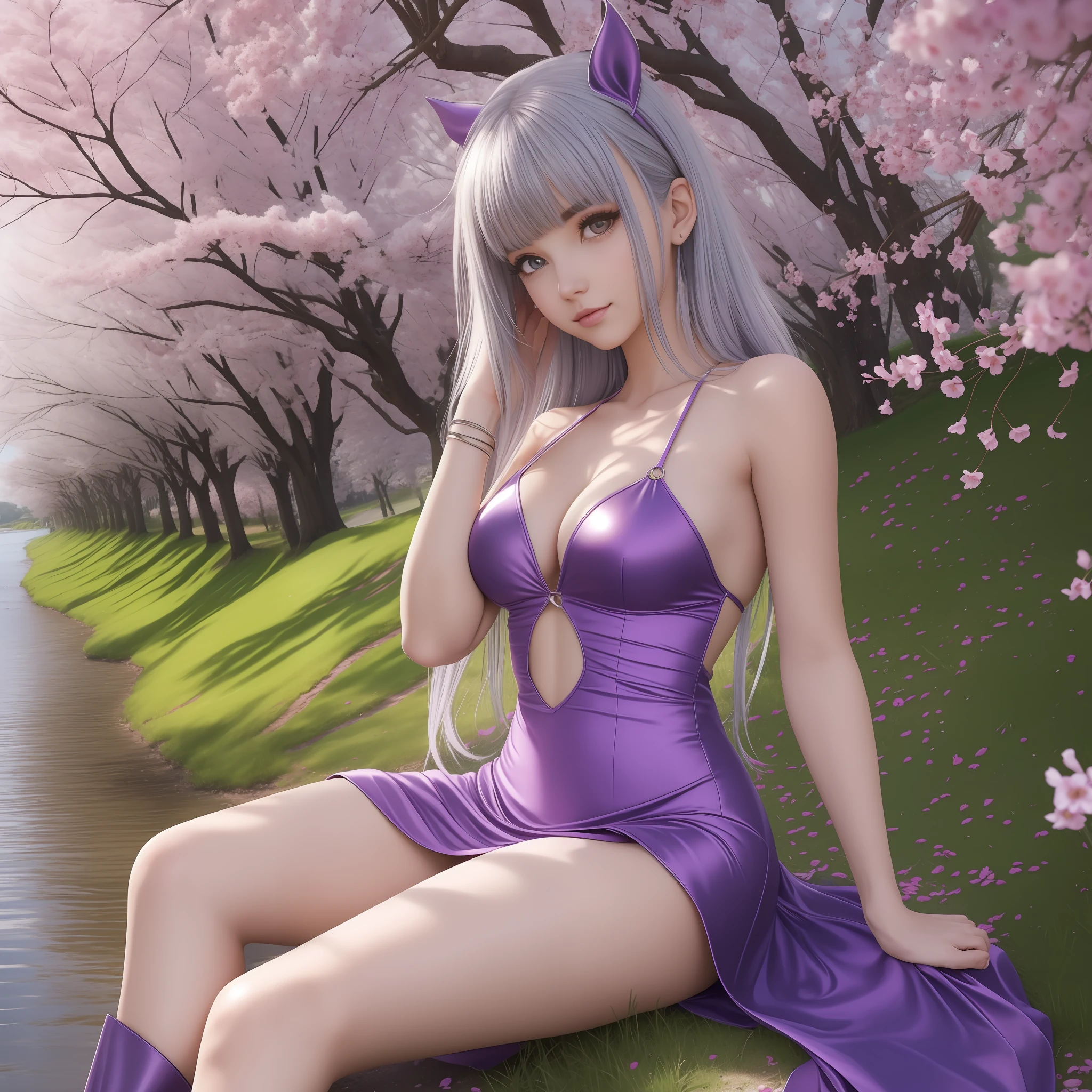 a 20-year-old girl surrounded by cherry trees,
cuerpo completo visible,
luz del sol,
dia caluroso,
vista desde abajo,
edgScene purple,
hair (smooth flat),
cabello medio,
horsetail hair,
ojos morados,
Gargantilla,
(pechos enormes: 1.1),
sin sujetador,
(vestido, plateado),
(dedo del pie de camello, Cameltoe, en forma de,
Muslos grueso,
(mascara),
pies sumergidos en el rio,
(botas largas, tacones altos),
(obra maestra, mejor calidad), sthe highest qualit, cinematiclight, 4k,