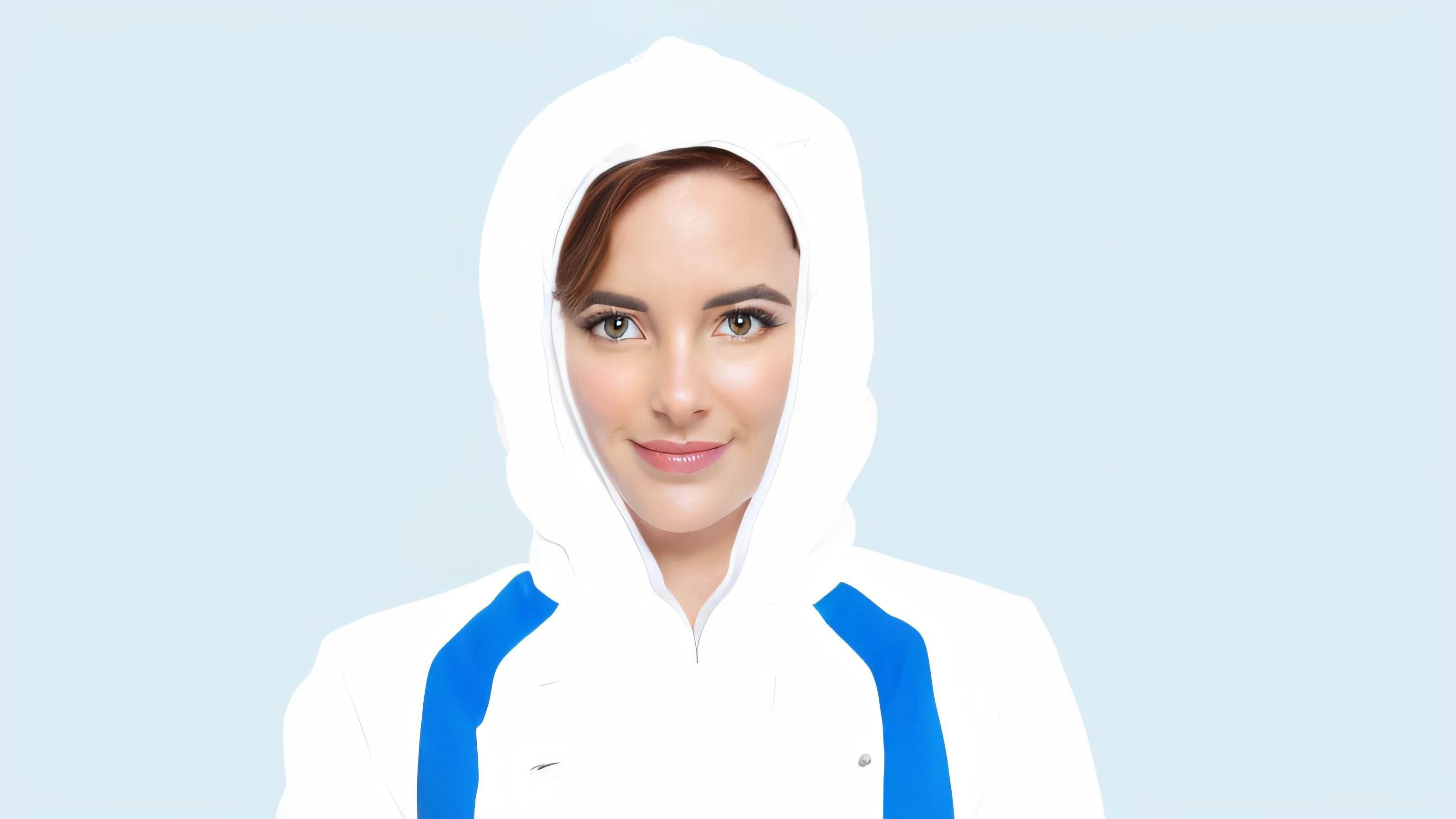 WOMAN WITH A SPECIAL OUTFIT TO WORK IN THE FOOD INDUSTRY, THE CLOTHES ARE ALL WHITE, COBRE OS CABELOS E POSSUI DUAS LISTRAS AZUIS.
