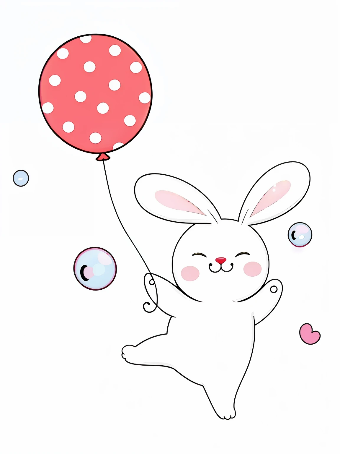 Cartoon bunny with balloons and bubbles, cute anthropomorphic bunny, White rabbit, Cartoon Cute, with long floppy rabbit ears, holding balloons, foamy, [ Floating ]!!