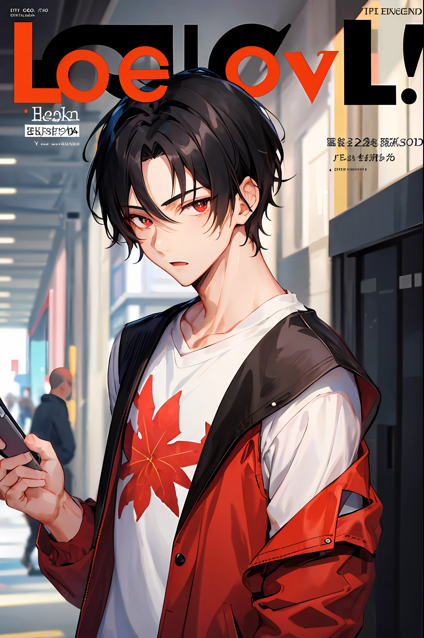 1 boy, handsome boy, black hair, comma hair, forehead comma hair, street style,, shiny, Red eyes, looking at viewer, upper body, megazine cover