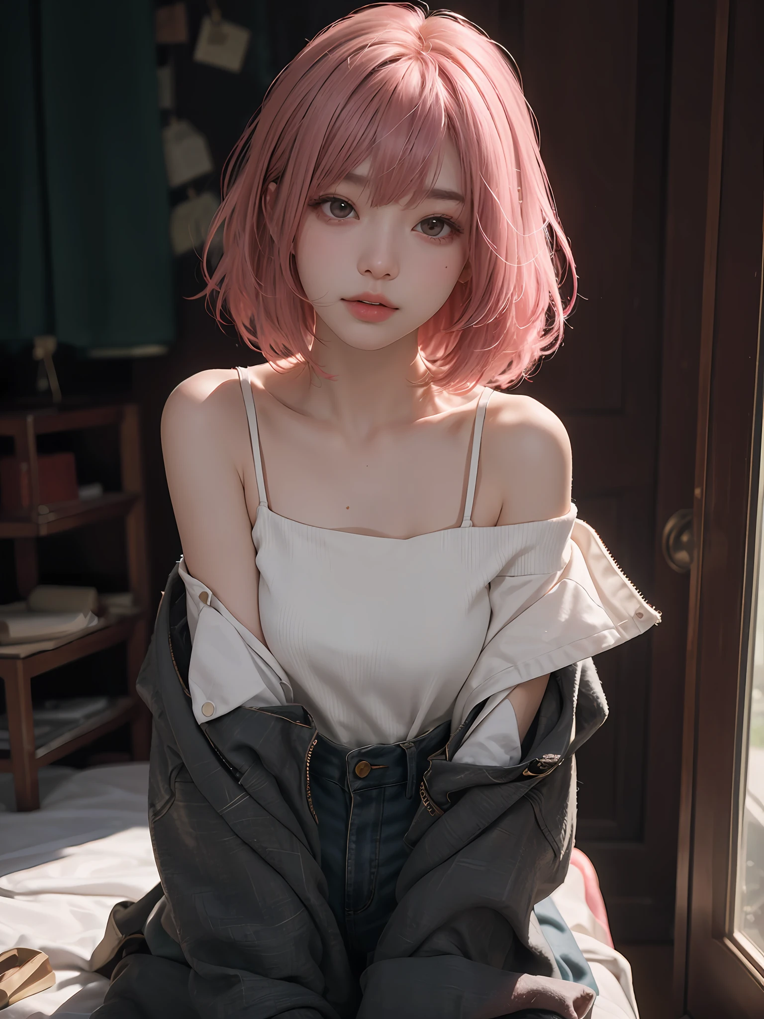 best qualtiy,tmasterpiece,超高分辨率,(Fidelity:1.4),RAW photogr,1girll,cropped shoulders,A pink-haired,jk