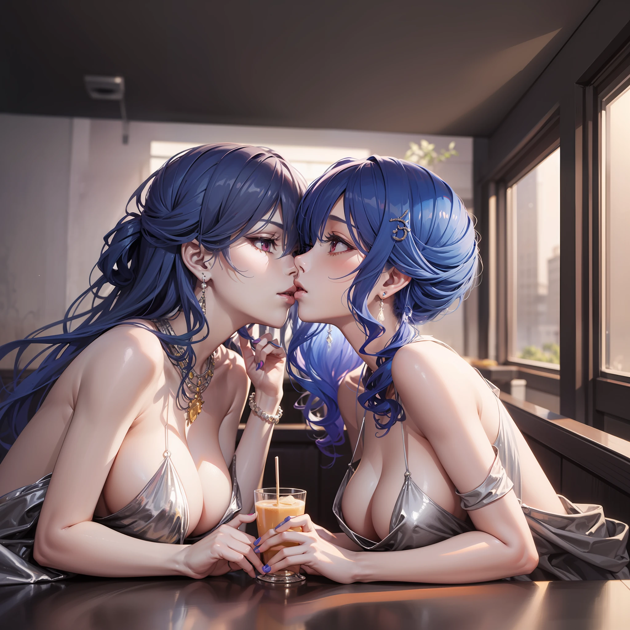 Anime - style illustration of two women kissing in a café, Extremely detailed Artgerm, WLOP and Sakimichan, Range Murata and Artgerm, nixeu and sakimichan, sakimichan and frank franzzeta, Guviz-style artwork, kissing together cutely, 8K high quality detailed art,huge tit,Japan goddess,Beautiful and moving,