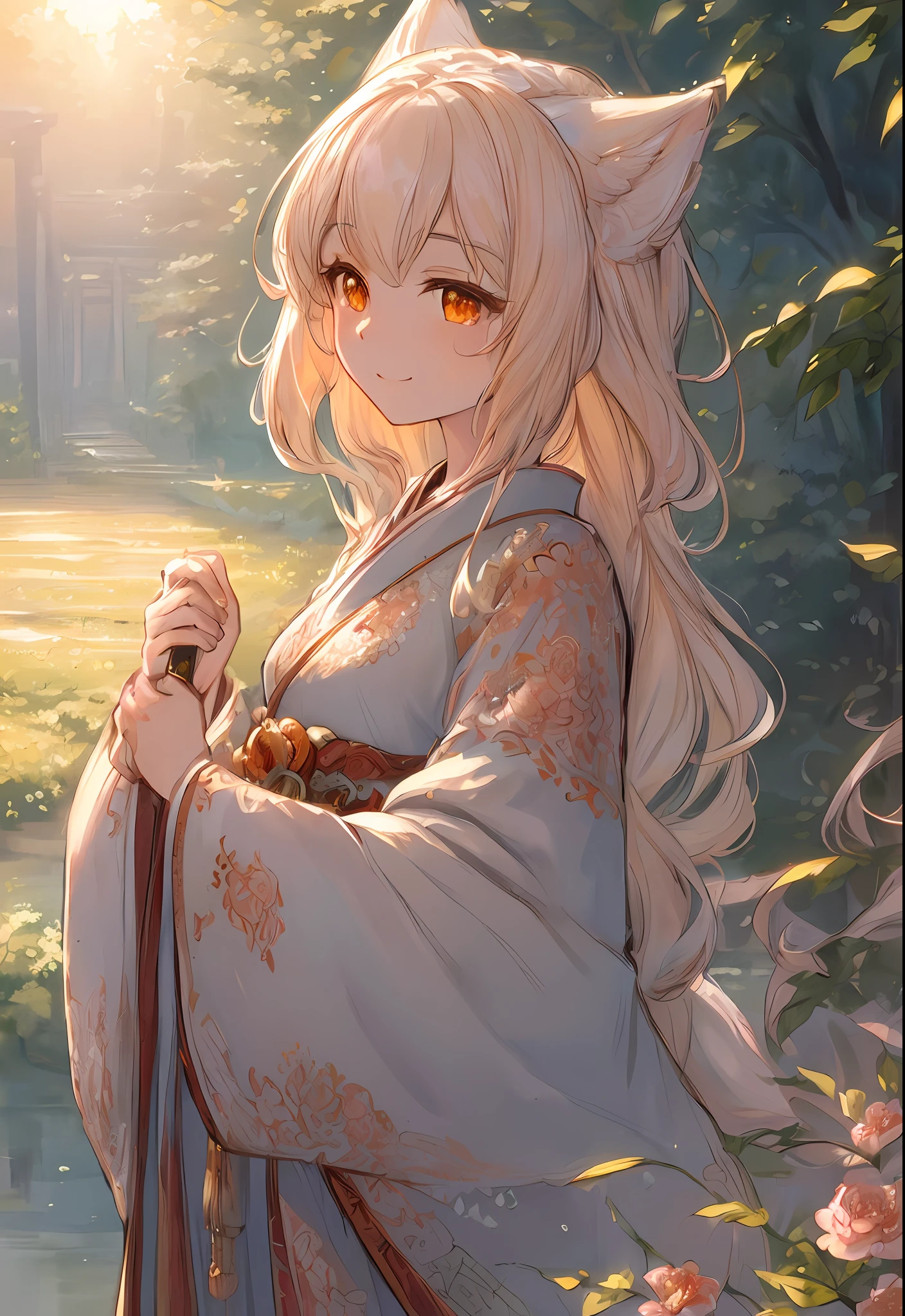 ((best quality)),((beautifully painted)),((extremely delicate and beautiful)),((super delicate)),((world masterpiece)),((delicate and intricate hair)),((detailed beautiful eyes)),((highres)),((very precise detailed)),((very fine 8KCG wallpapers))、１a person、White fox ears woman、Japanese shrine maiden、Orange eyes、a smile、the setting sun、dynamic ungle、look up sky、upper body