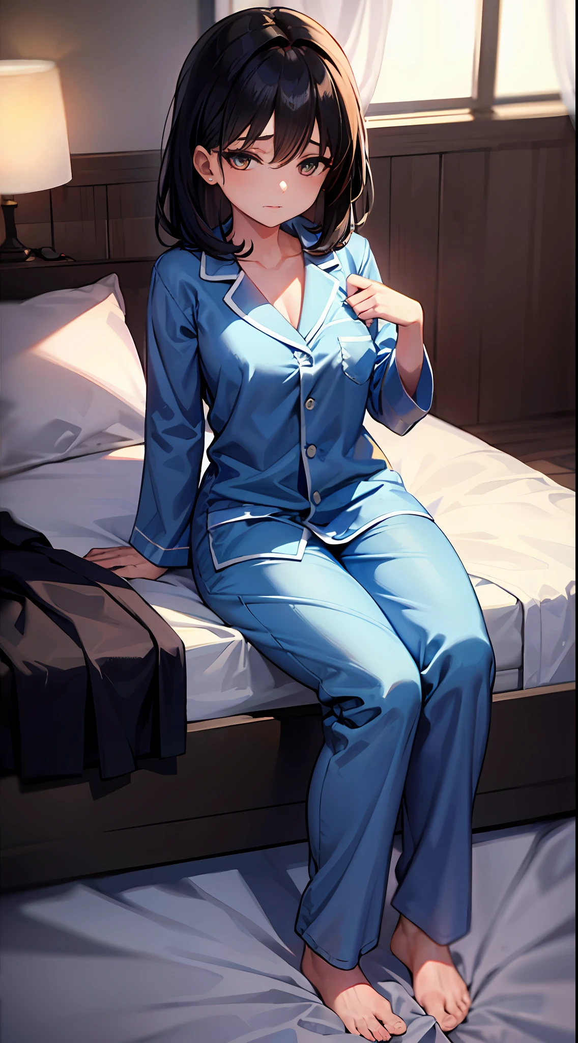 ((masterpiece))、(top-quality)、(detaileds)、(1girl in)、A dark-haired、Blue glowing eyes、dressing gown、a bed、s Pajamas、waking up、rubbing eyes、looks sleepy、