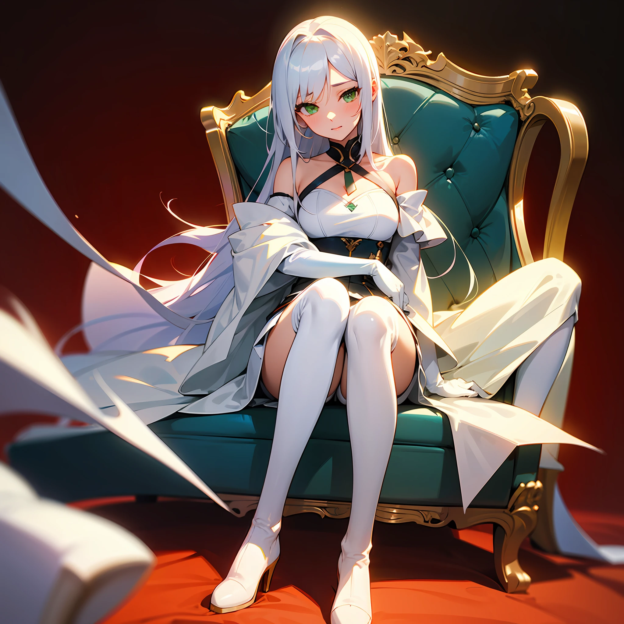 Anime girl with long white hair and green eyes sitting in chair, White waist-length hair，Adult daughter，white off shoulder dress clothes，white leather gloves，White high-heeled boots，Slightly immature physiognomy --auto