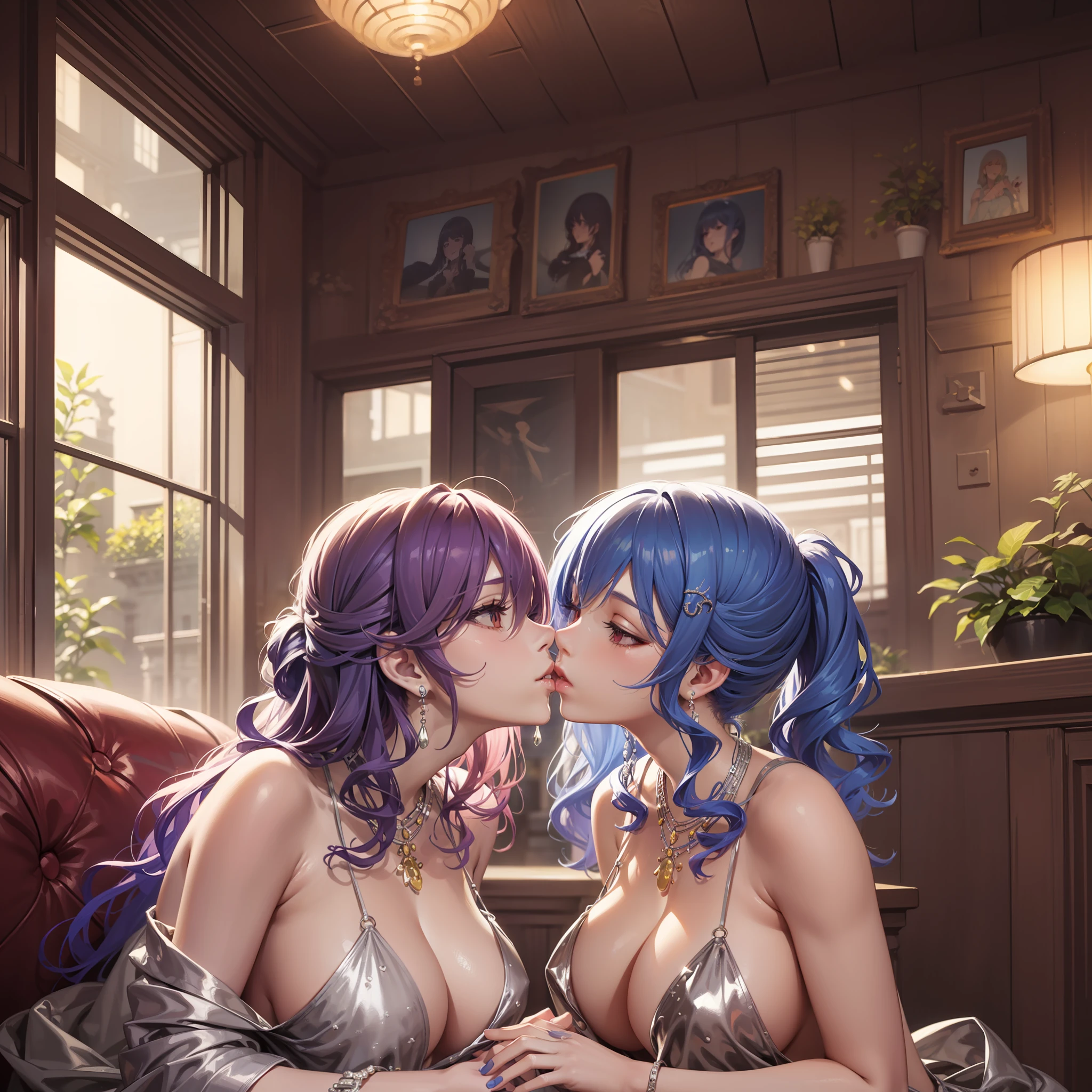 Anime - style illustration of two women kissing in a café, Extremely detailed Artgerm, WLOP and Sakimichan, Range Murata and Artgerm, nixeu and sakimichan, sakimichan and frank franzzeta, Guviz-style artwork, kissing together cutely, 8K high quality detailed art，huge tit，Japan goddess，Beautiful and moving，
