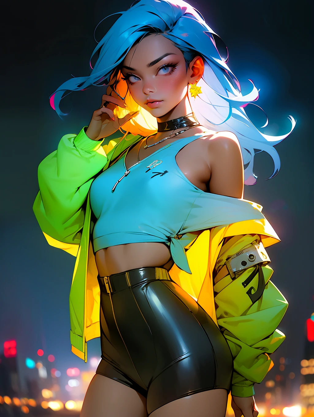 (masterpiece), best quality, ultra high res,***********, cyberpunk 1girl flying above stunning cityscape ,hoodie,blue hair,  neon color shooting stars, very long hair, off shoulder, feather hair ornament, neon colors, flashes, stunning night sky, cinematic lighting, photorealistic, realistic skin, HDR,fisheye