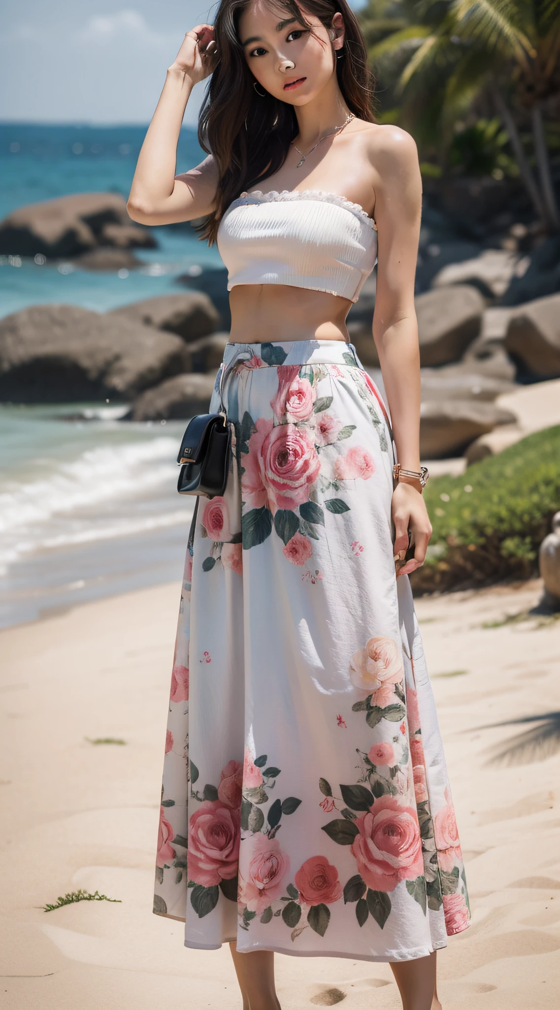tmasterpiece, High quality, the best quality,sea beach,Bandeau,Floral skirt,woman