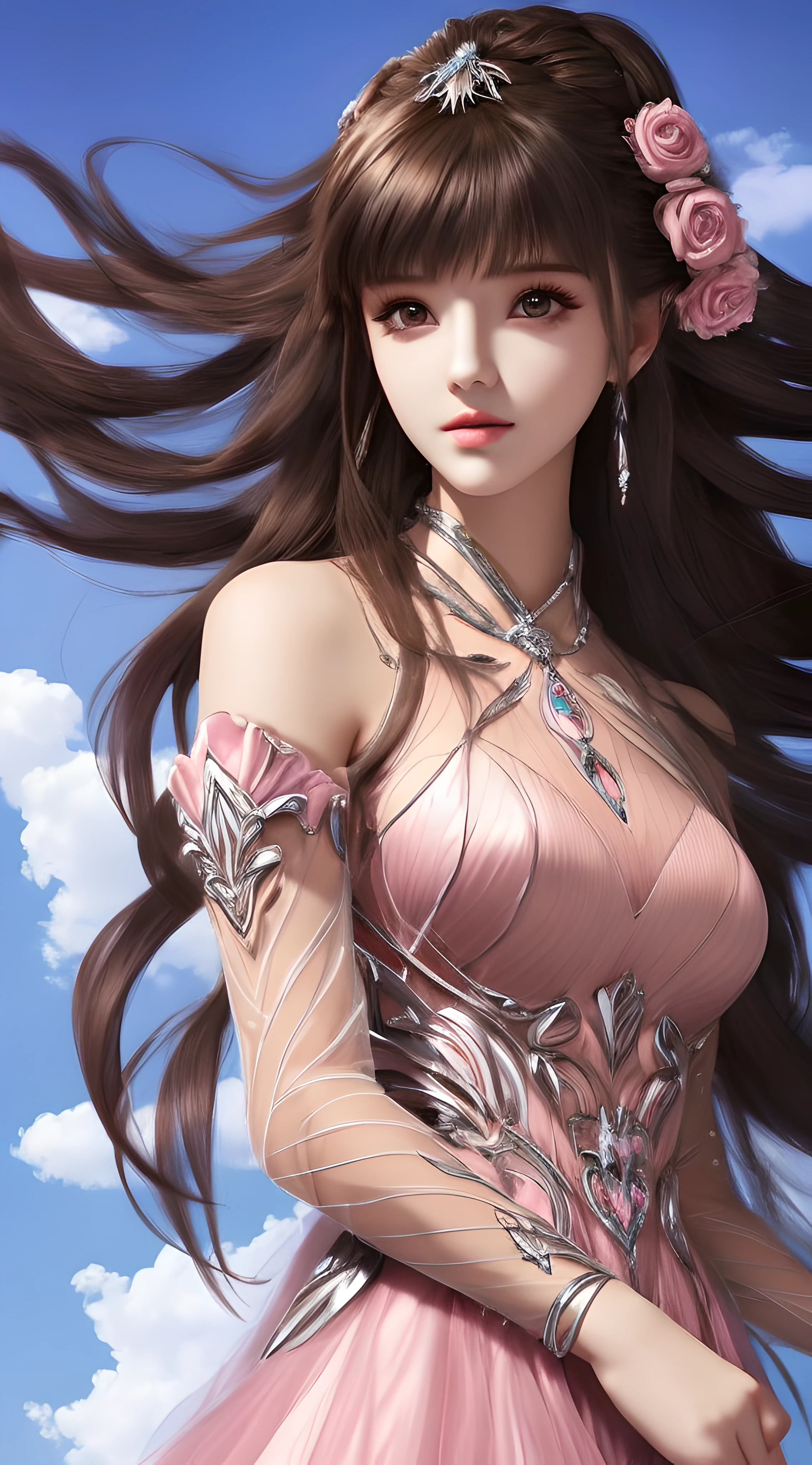 Ultra hd, a beautiful cute girl, 18 years old cute girl, fantacy pink dress, brown hair, detailed lip, clear fingers, medium bust size, hight 5 feet, heaven background, full image covered, --auto