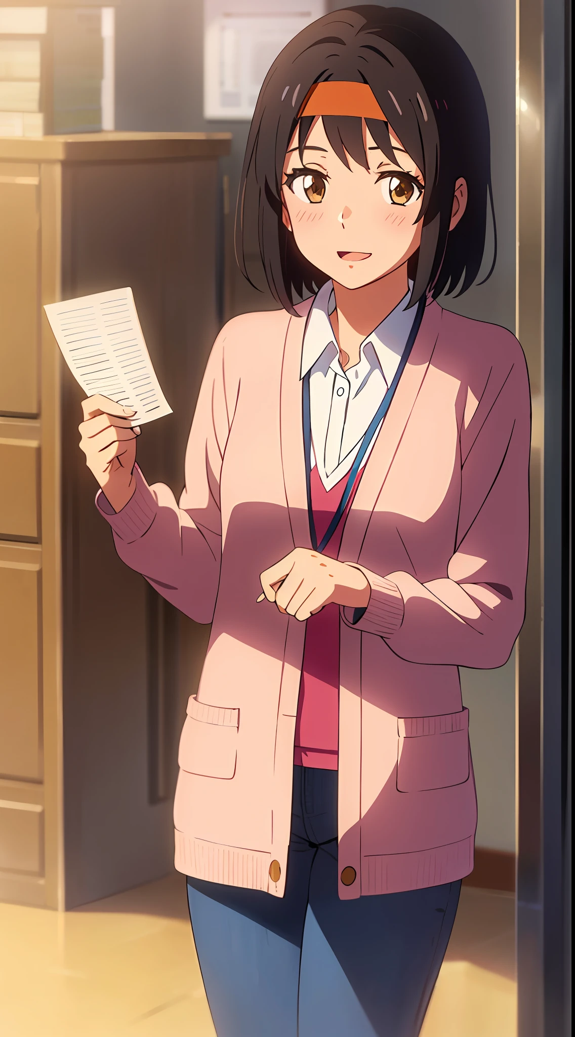 shinkai makoto, kimi no na wa., 1girl, bangs, black hair, blush, brown eyes, shiny skin, red headband, red ribbon, red bow, collared shirt, lanyard, pantyhose, yellow shirt, pink cardigan, orange pants, looking at the viewer, short hair, cute, smile, open mouth, solo, full body, long sleeves, cowboy shot, masterpiece, office, paper, holding paper
