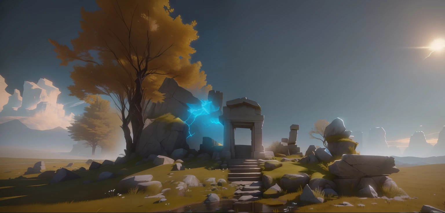 There is a small stone structure in the middle of the meadow, hyper-realistic environment, realistic unreal engine 3 d game, illusory engine. retro film still, unreal engine style, rendered in cryengine, Cinematic, smooth Unreal Engine, Unreal Engine 3D rendering, rendered in unrealengine, environment artist, game environment design, ruined temple, unreal engine screenshot