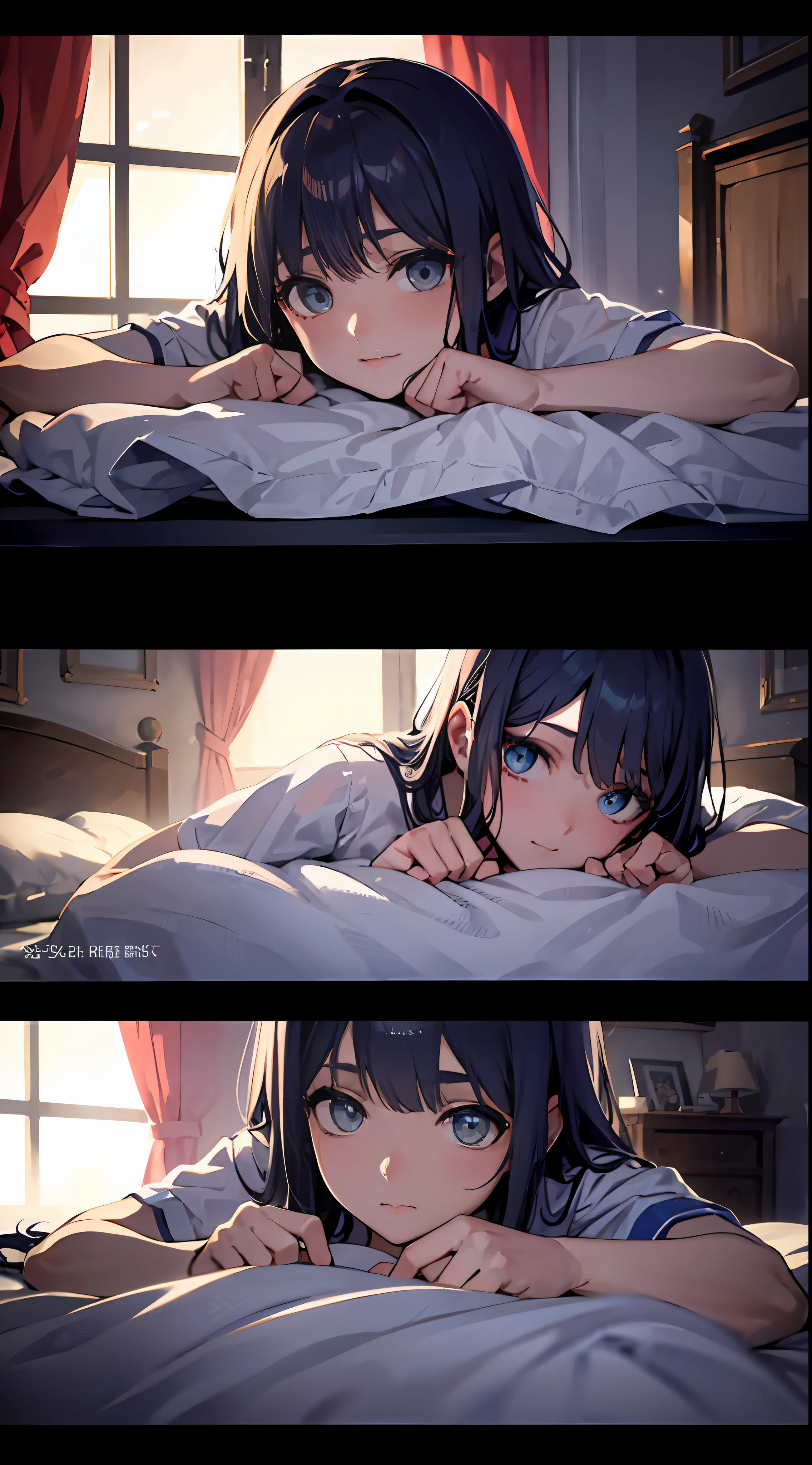 ((​masterpiece))、(top-quality)、(detaileds)、(1girl)、blue hairs、Blue glowing eyes、Room、a bed、s Pajamas、waking up、rubbing eyes、looks sleepy、