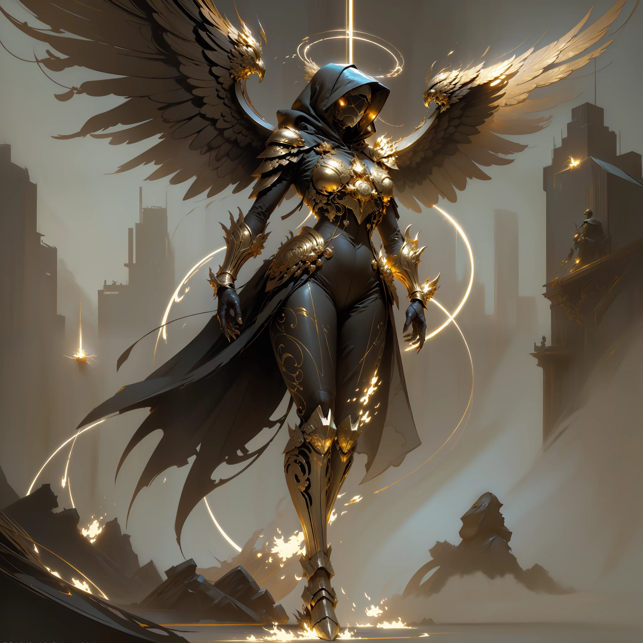 Golden armored angel, wings made of energy, metal halo, no face, hooded, gold, fantasy, concept art, ultra realistic, character art by greg rutkowski