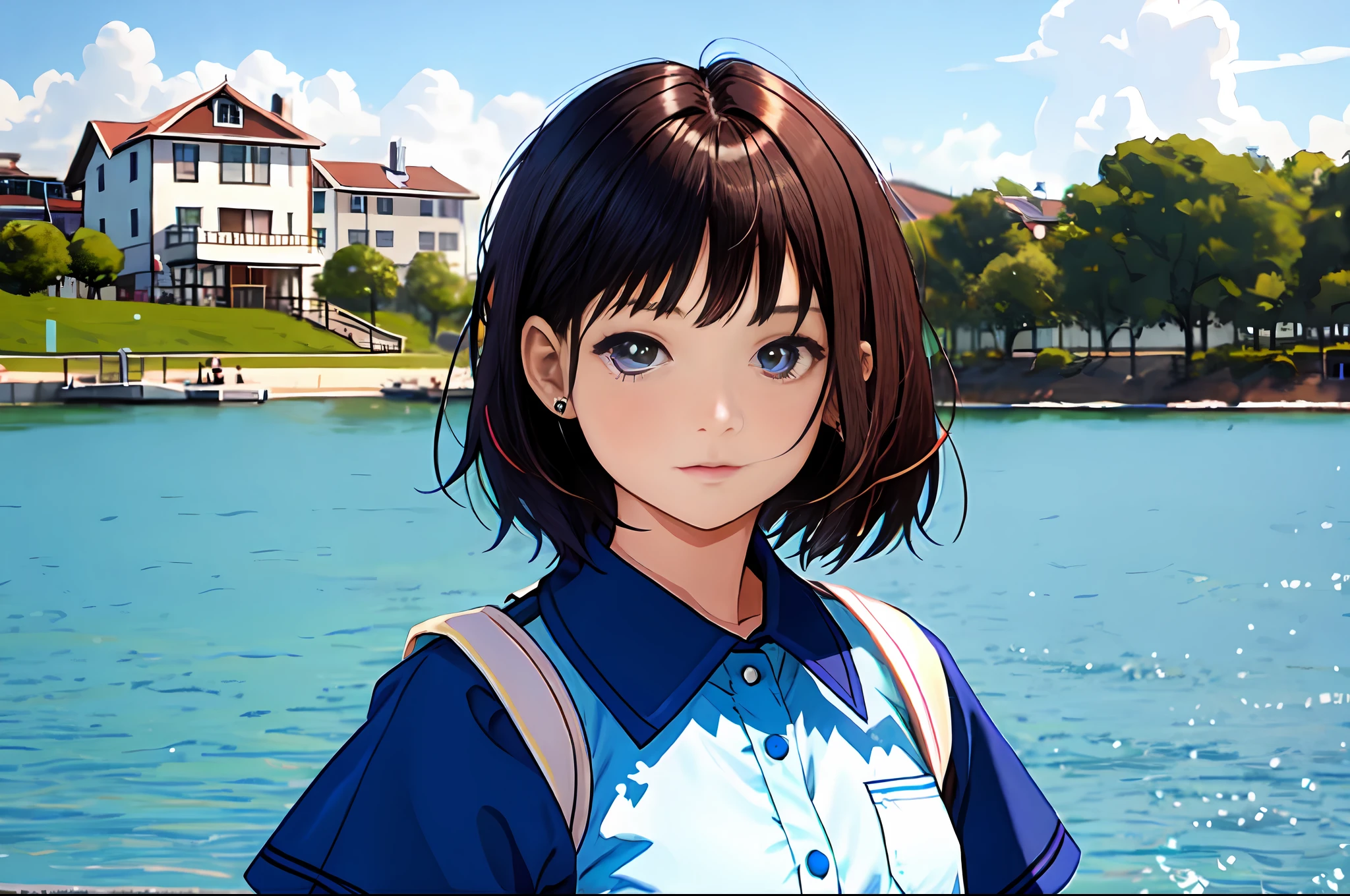 there is a young girl with a short hair and a blue shirt