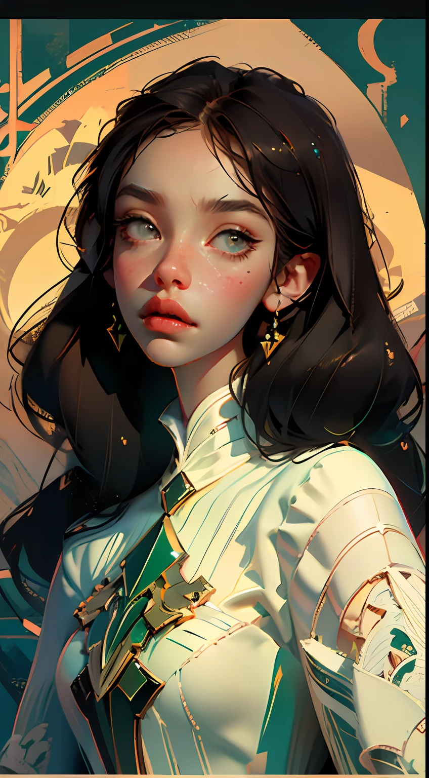 "Facial portrait of a European woman，with long coiled hair，brunette color hair，Floral frame，Decorative panels，abstract artistic，Alphonse Mucha（tmasterpiece，best qualtiy，A high resolution：1.4），A detailed，complexdetails，4K，splash of color，line art，Fibonacci"