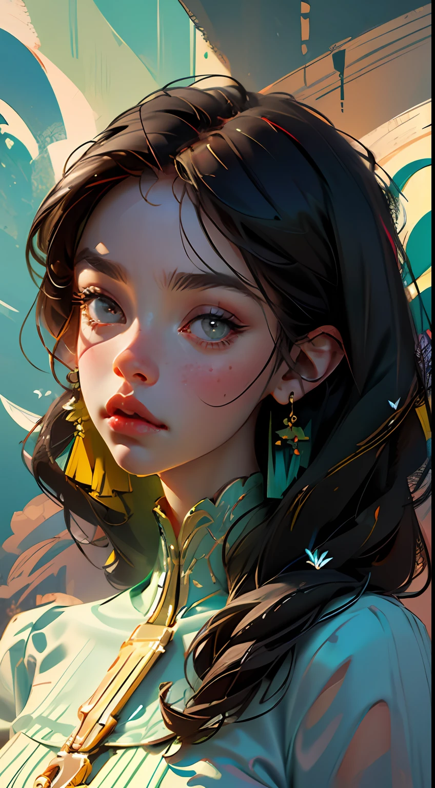 "Facial portrait of a European woman,with long coiled hair,brunette color hair,Floral frame,Decorative panels,abstract artistic,Alphonse Mucha(tmasterpiece,best qualtiy,A high resolution:1.4),A detailed,complexdetails,4K,splash of color,line art,Fibonacci"