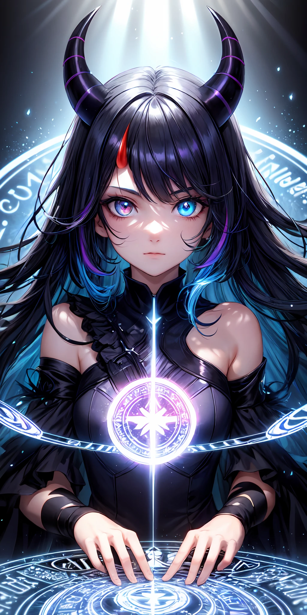 1girl, blue hair, horns, multicolored eyes, glowing, blue eye, purple eye, bare shoulders, demon eyes, magic circle, light particles, light rays, wallpaper