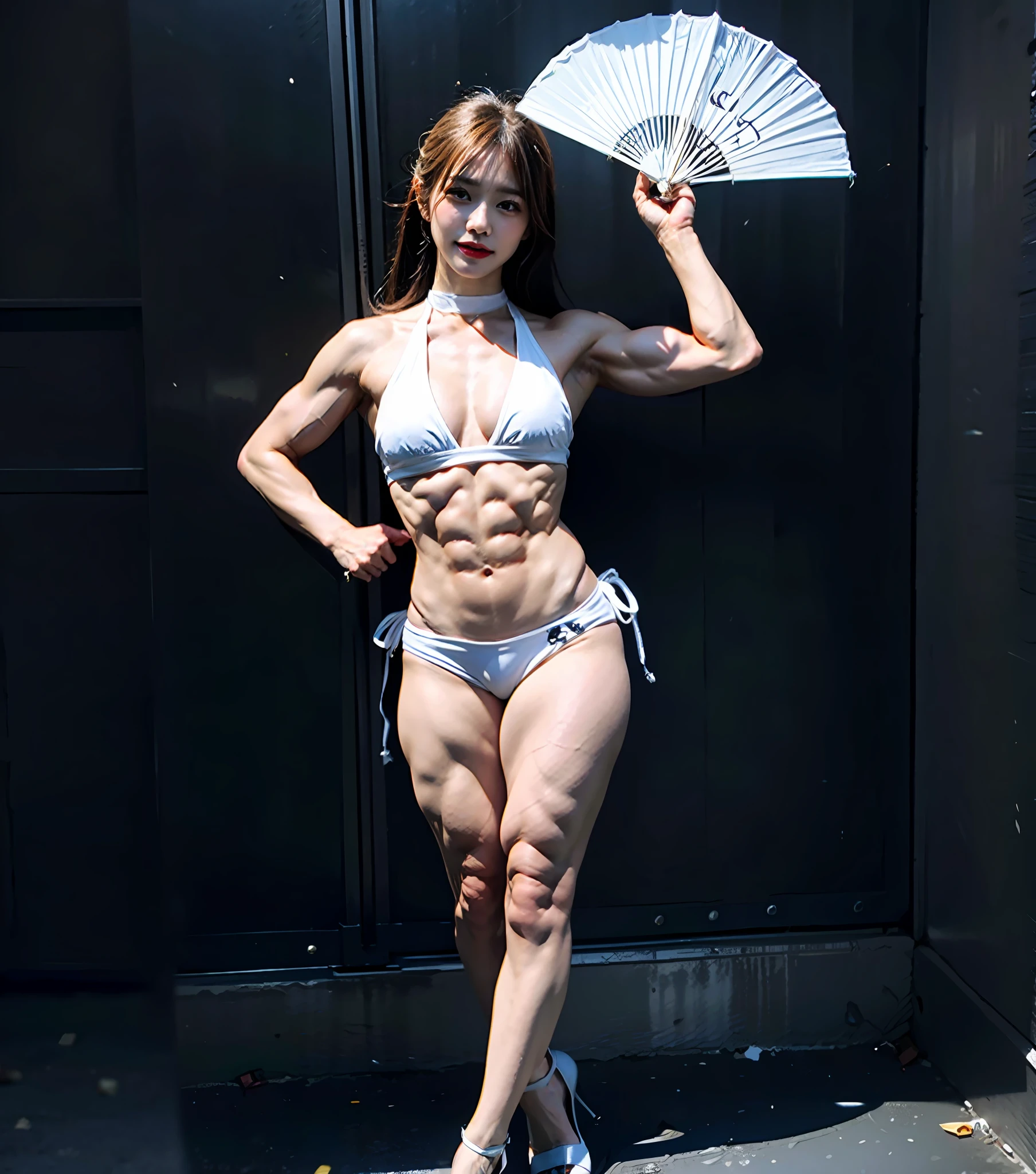 one-girl,mai shiranui,Super strong muscles,Muscle woman,chest muscle,Abs,Biceps,a white bikini,white Heels,Show gestures,