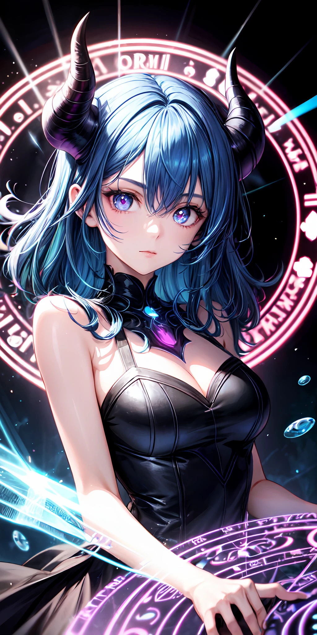 1girl, blue hair, horns, multicolored eyes, glowing, blue eye, purple eye, bare shoulders, demon eyes, magic circle, light particles, light rays, wallpaper