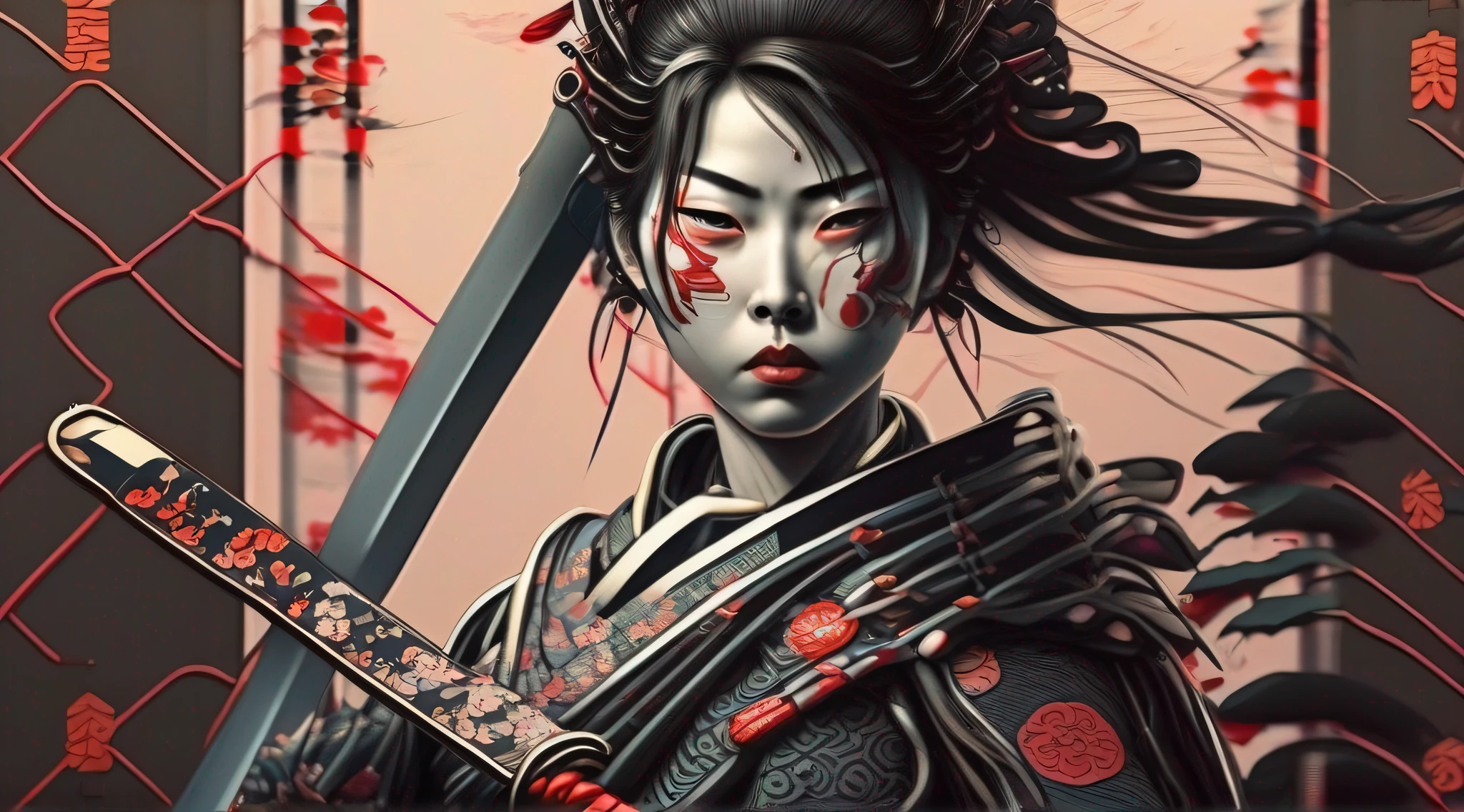 Samurai woman with cyborg arms holding a sword