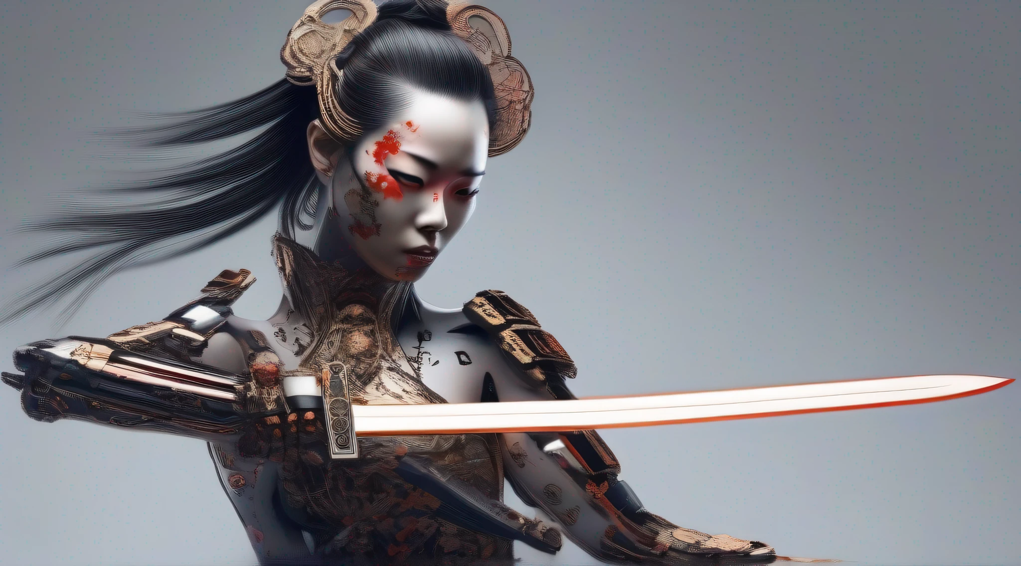 Samurai woman with cyborg arms holding a sword