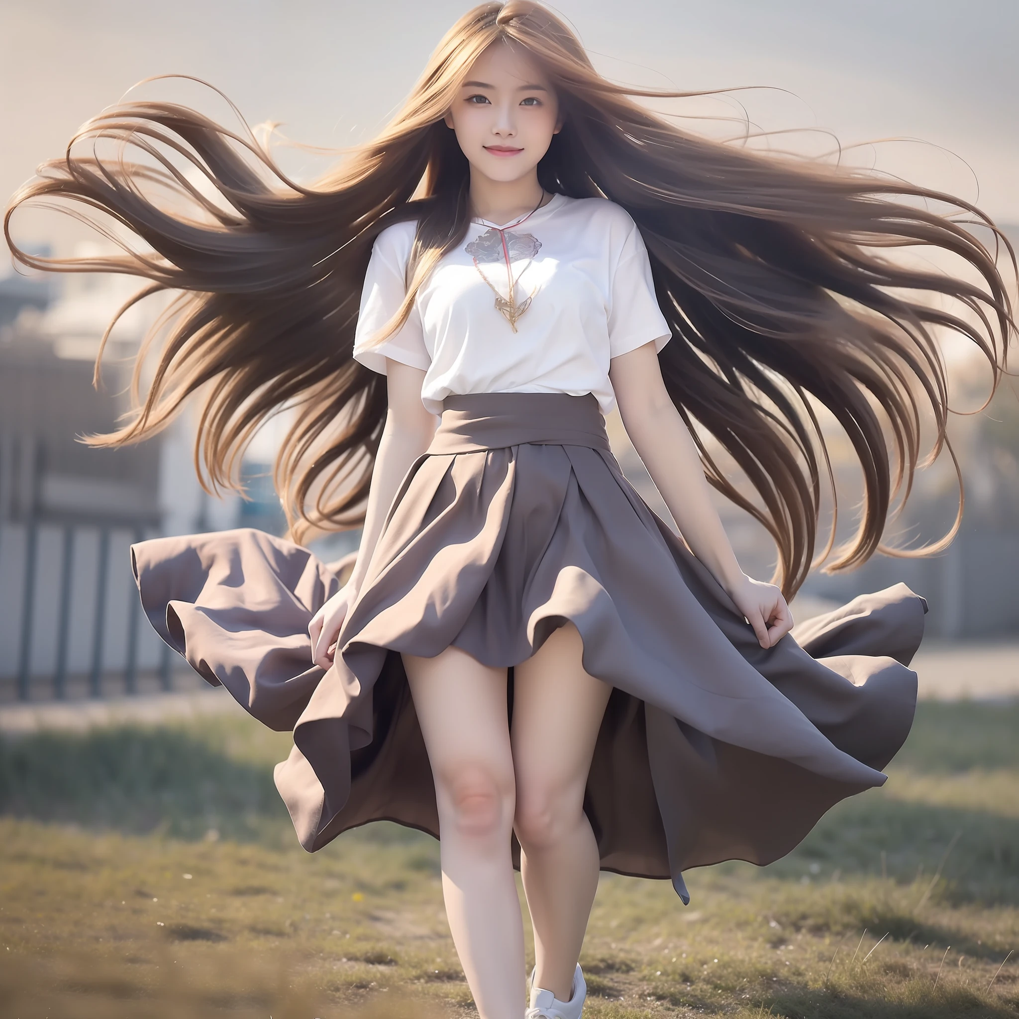 "(Best picture quality、A masterpice), white backgrounid, Ultra-thin paper，Sparkling, Beautiful and tasteful, The wind blew for a long time，ssmile, curly blond hair, Vivid and stunning，Scottish pleated skirt，Greater wind，The wind blows hair，Floating hair，Static clothes，Short sleeved bodice，extra very long hair，12 meters long hair，Hair grows to the floor，Correct limbs，fully body photo，standing on your feet，white short sleeve，Cross your hands at your waist，mid day，Sunnyday"