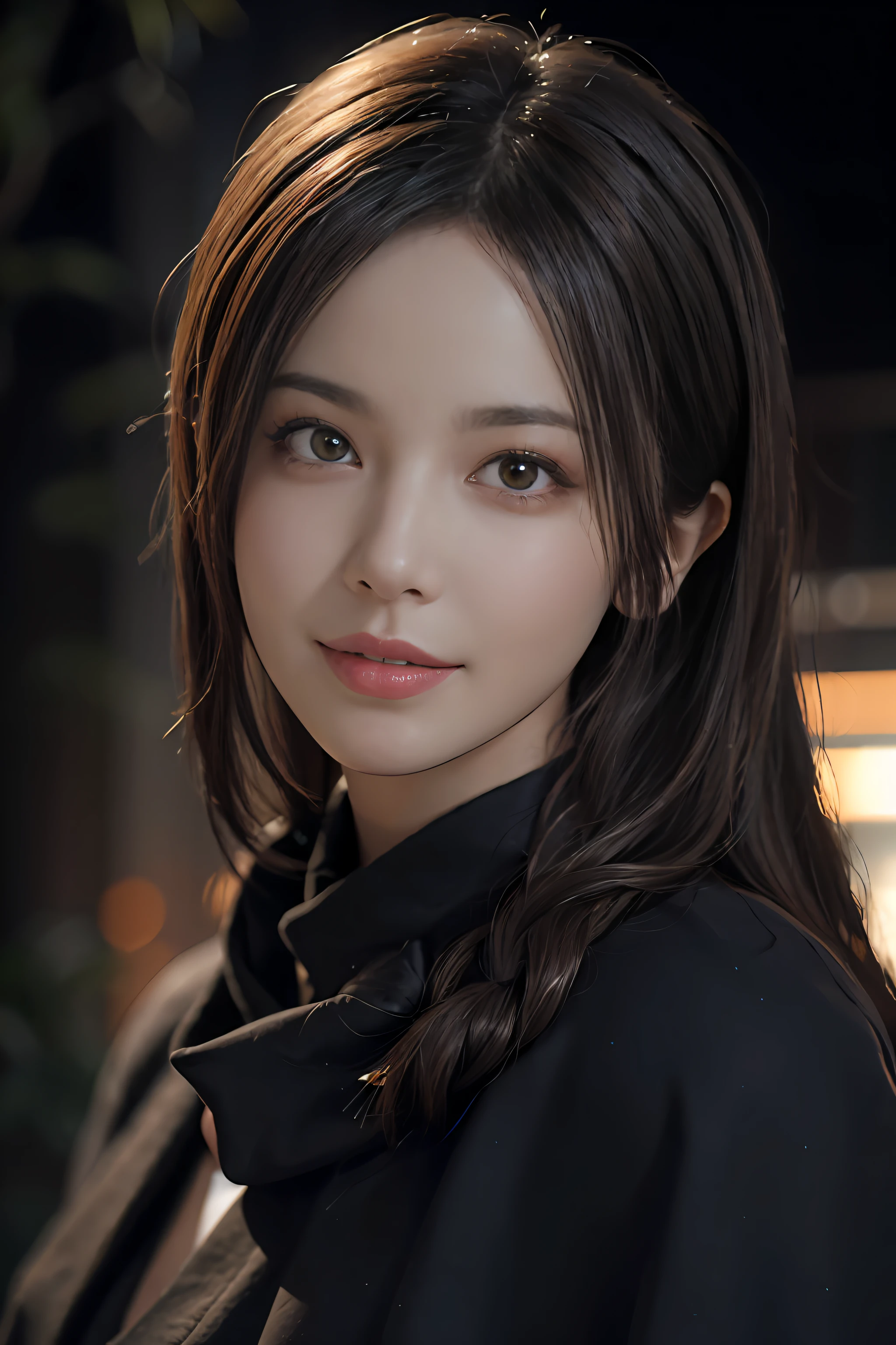 best qualtiy,Portrait of a young woman,facial closeups,picture-perfect face,Head photos,looking at viewert,Look at you with a smile,Deep eyes,Cinematic light,Slightly artistic,photographrealistic,Dynamic light and shadow,Volumetriclighting,Very detailed faces,8 k,Award-Awarded,in the darkness nigth,deep shading,low tune,Long hair shawl。