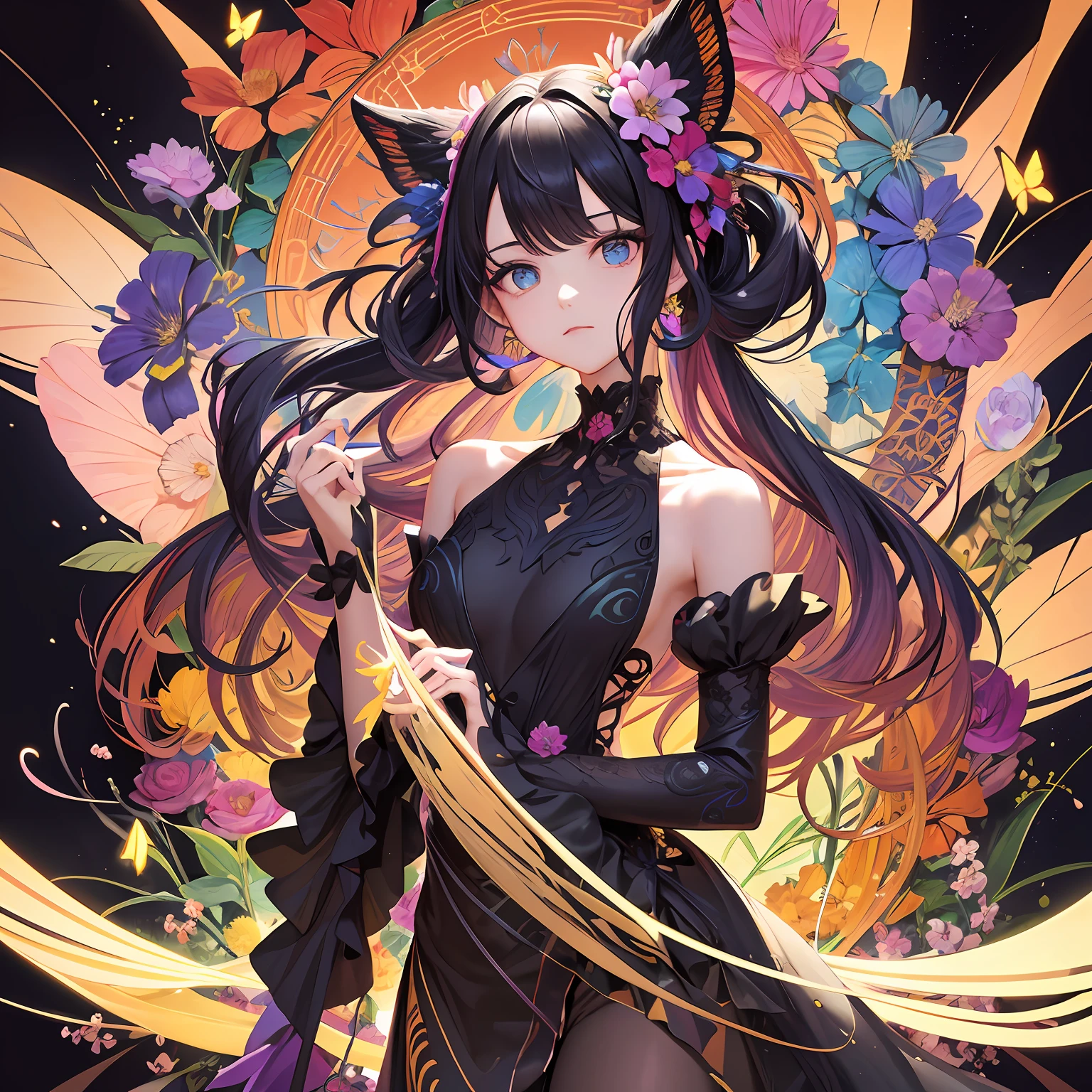 Maximalism artstyle,neon theme,suprematism,beautiful detailed flower, beautiful detailed eyes,hyper detailed,flower,hyper quality,,eyes,flower and hair is same color,beautifuly color,face,her hair is becoming flower, flower,hair,flower,butterfly,,1girlkawaii,,high details, high quality,back light,hair and clothes is flower,upper body ,high quality,hair with body ,webbed dress, upper body, flower leg, flower hands,body with flower, flower with clothes , dress with flower, , light particles,black background, Hair with flower,small breast with flower,floating hair with flower,floating1girl,small breast, marbling with hair and clothes, looking at viewer,original,arm down, paper cutting, black background, flower forground, hair with flower,highres, hair with flower,hair with flower ,hair, wavy hair ,diffusion lighting, abstract,Butterfly with body, flower with hair, her hair is flower,big top sleeves, floating,pupils, [[hair over one eye]],dark --auto