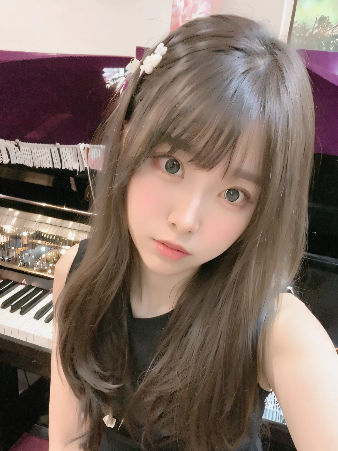 Woman with long hair sitting at the piano, ulzzangs, with cute - fine - face, girl cute-fine face, lalisa manobal, chiho, tidy hair,By bangs, Yoshitomo Nara, sakimi chan, Cute natural anime face, sakimichan