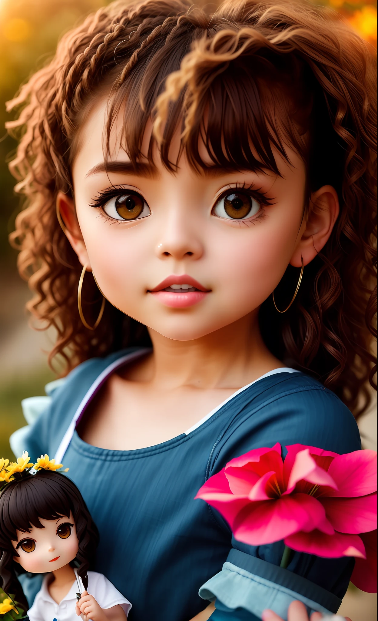 3d chibi by 1girl, ((solo)))), (15 years old long curly hair messy, smiling
happy, African-American, kind-eyed;1.15), wearing a pink T-shirt and jeans, high-heeled shoes, sculptural model body, late afternoon
autumn, flower garden, warm and soft light, flowers being
Wind-blown, motion blur lens