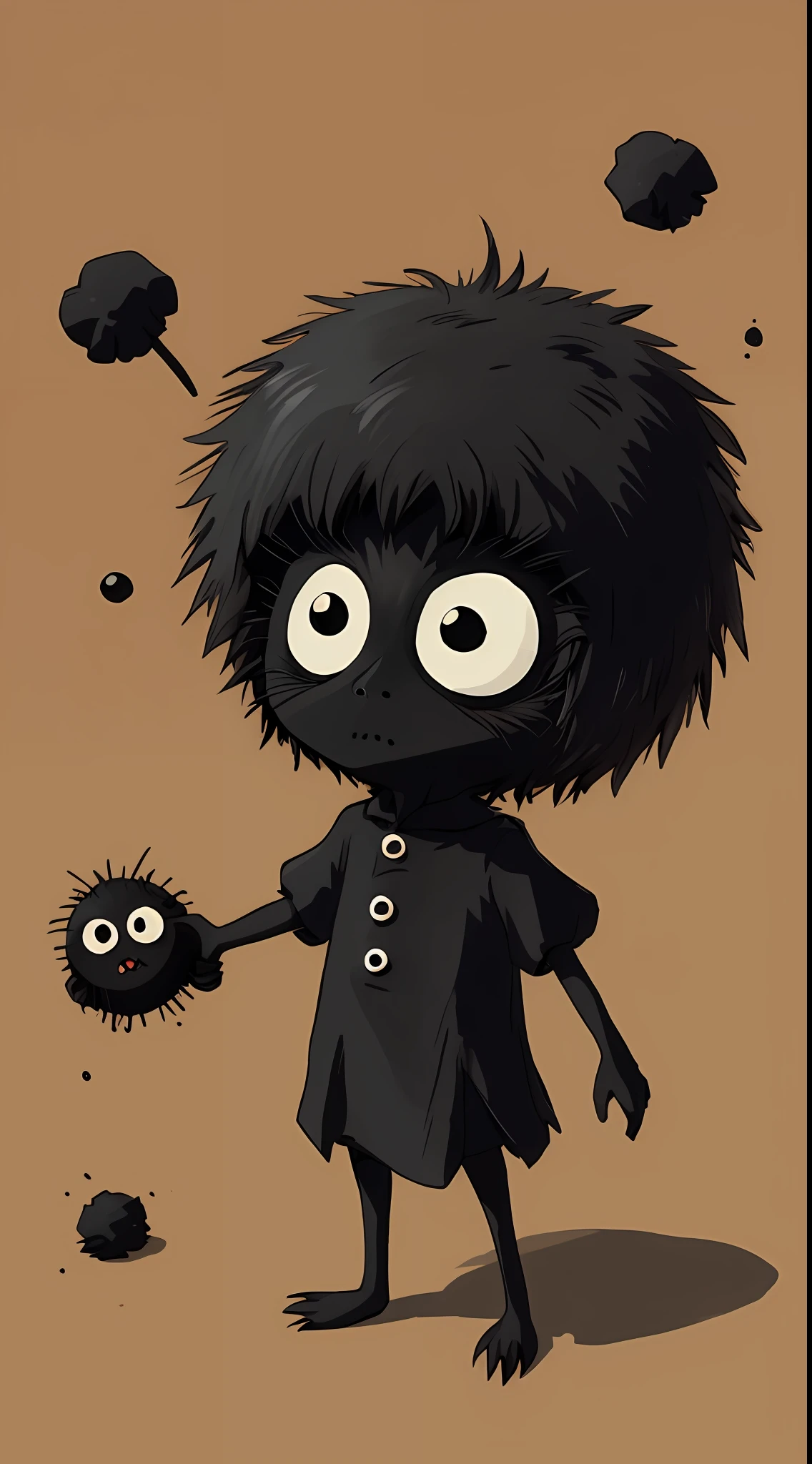 A very detailed little short-legged soot elf at work,Look at you in surprise, Soot elf Ghibli style, soot,Cute and cute,