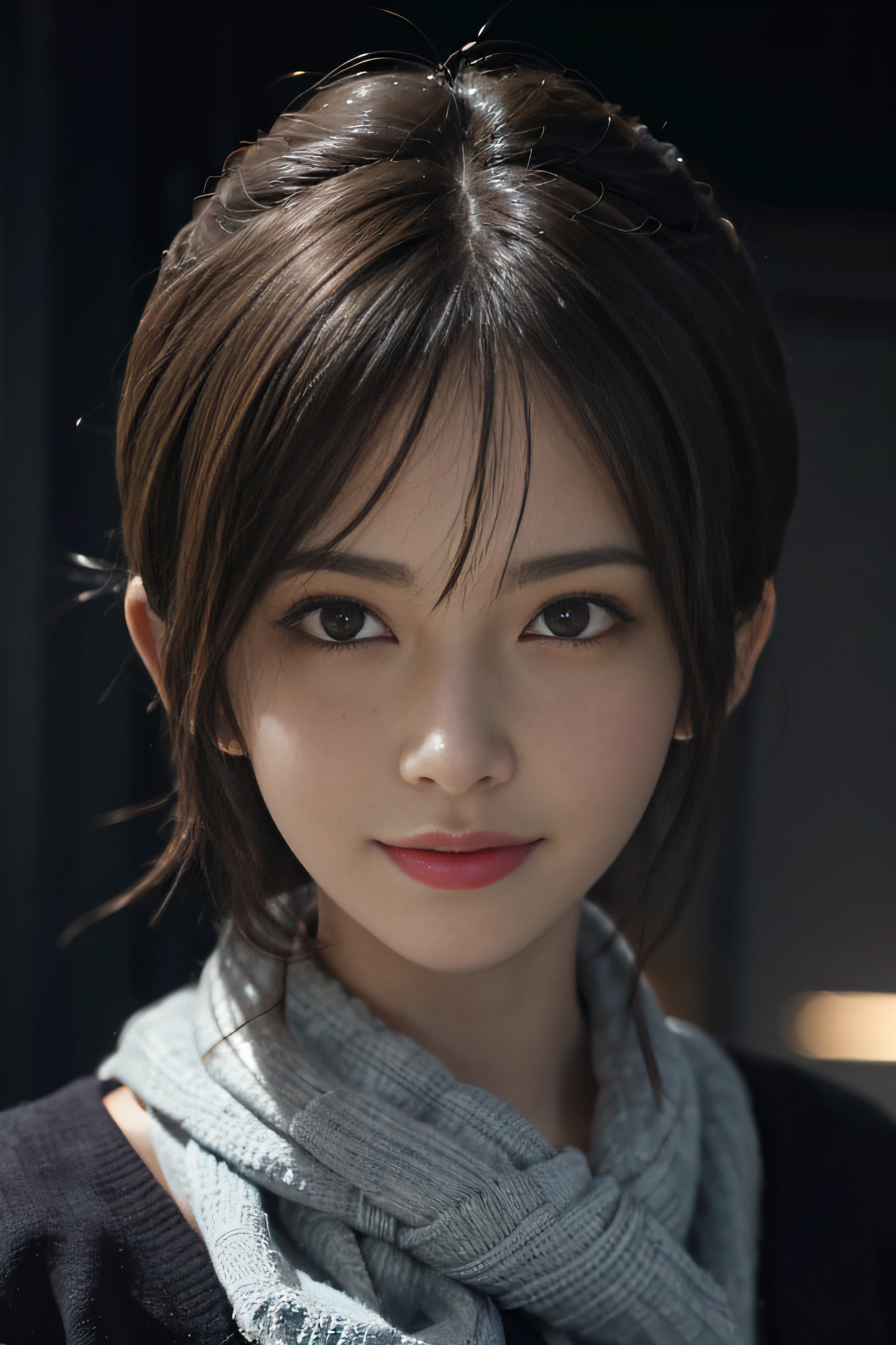 best qualtiy，Portrait of a Young Woman，facial closeups，Picture-perfect face，photo of head，looking at viewert，Look at you with a smile，Deep eyes，Cinematic light，Slightly artistic，photographrealistic，Dynamic light and shadow，Volumetriclighting，Very detailed faces，8 k''，Award-Awarded，in the darkness nigth，deep shading，low tune，Long hair shawl。