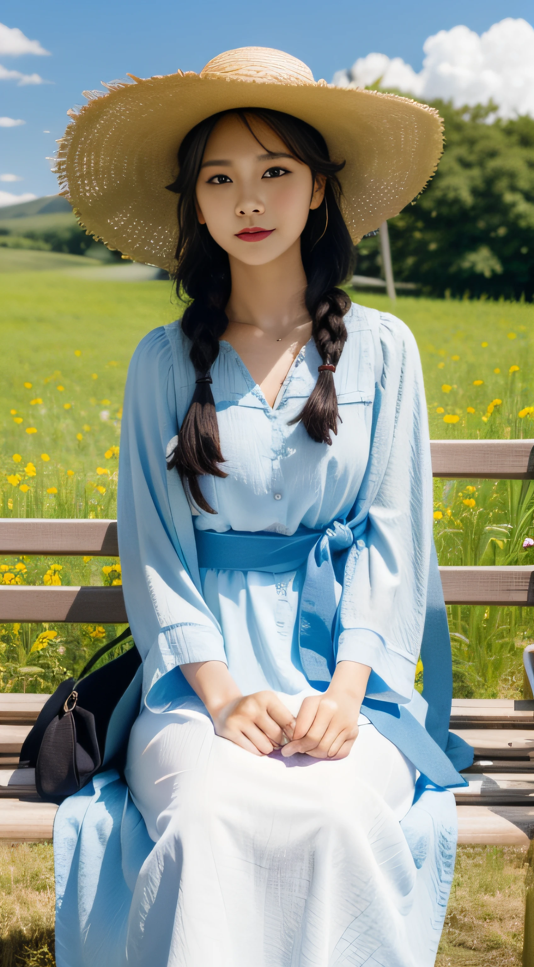 a girl with a big hat sitting on a bench with flowers in the field, 1girl, flower, solo, sitting, hat, outdoors, sky, braid, straw hat, looking at viewer, black hair, cloud, long hair, blue sky