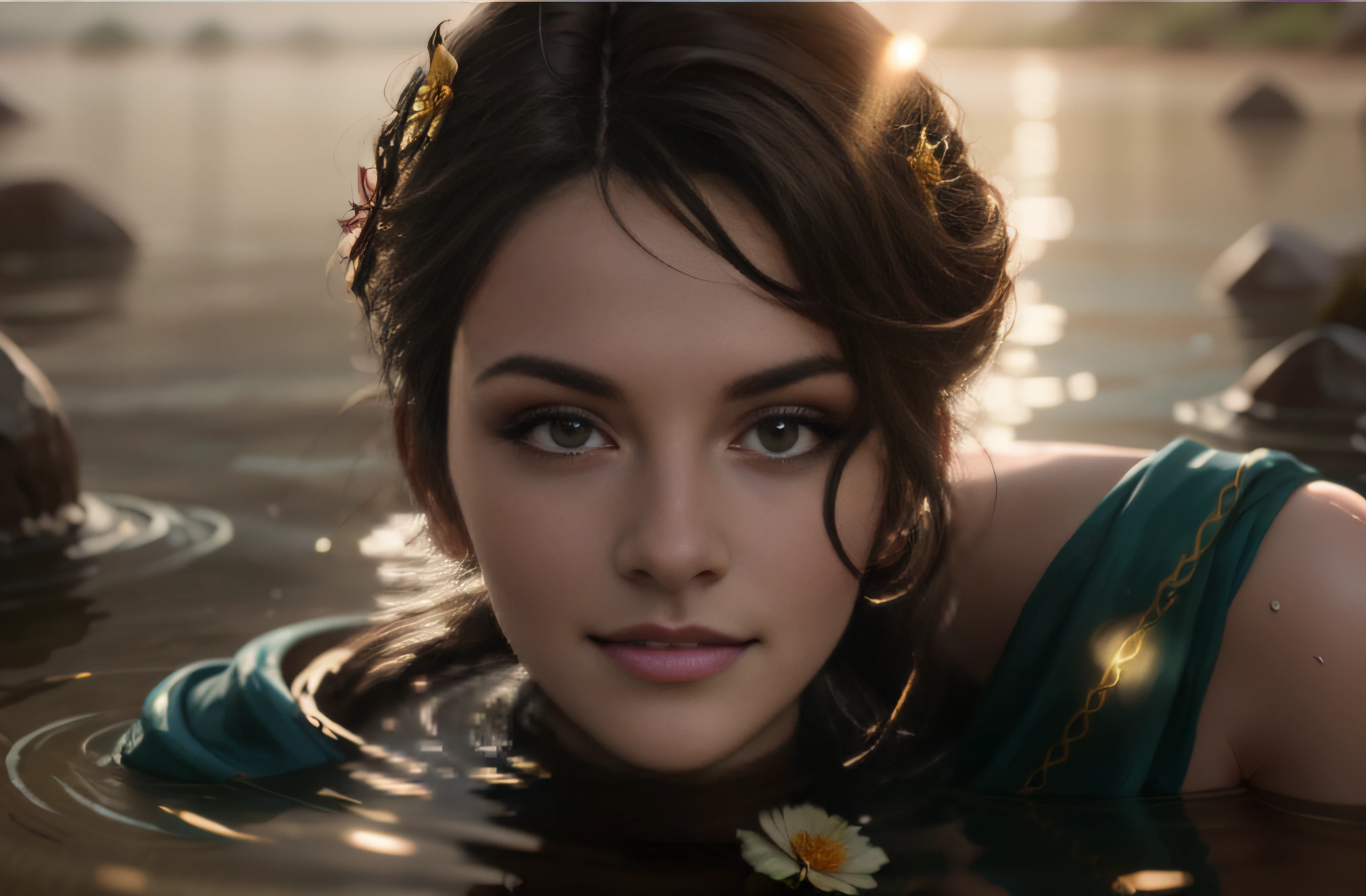 There is a woman smiling with a flower in her hair in the water, Fantasy closeup with water magic, Artgerm hyperrealistic photorealism incrivel, Unreal Engine 5, Sennuas Sacrifice textura de pele.