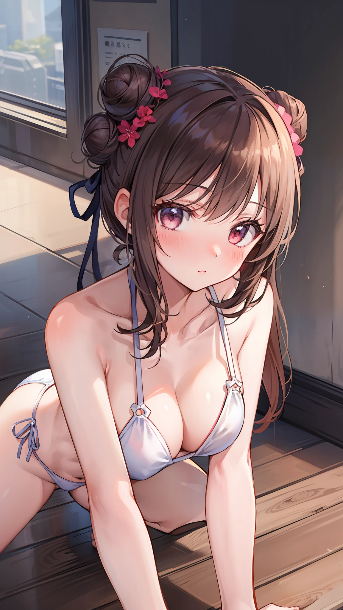 top-quality、​masterpiece、1 girl in、Bun hair、White bikini、all-fours、Kamimei、looking at the viewers、red blush