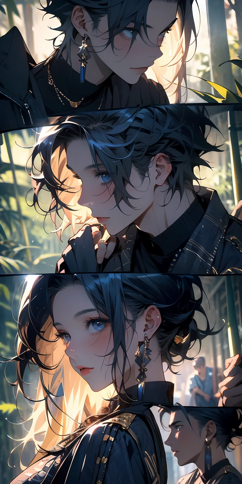 The sunlight in the bamboo forest shines through the gaps in the bamboo leaves,Mottled light and shadow are formed,Illuminated the figure of the two。The man is tall and tall,His gaze was deep and gentle,It's like it can penetrate time,See the tenderness in the woman's heart。The woman is gentle and beautiful,There was deep love in her eyes,It was as if it was an affection for a man。
