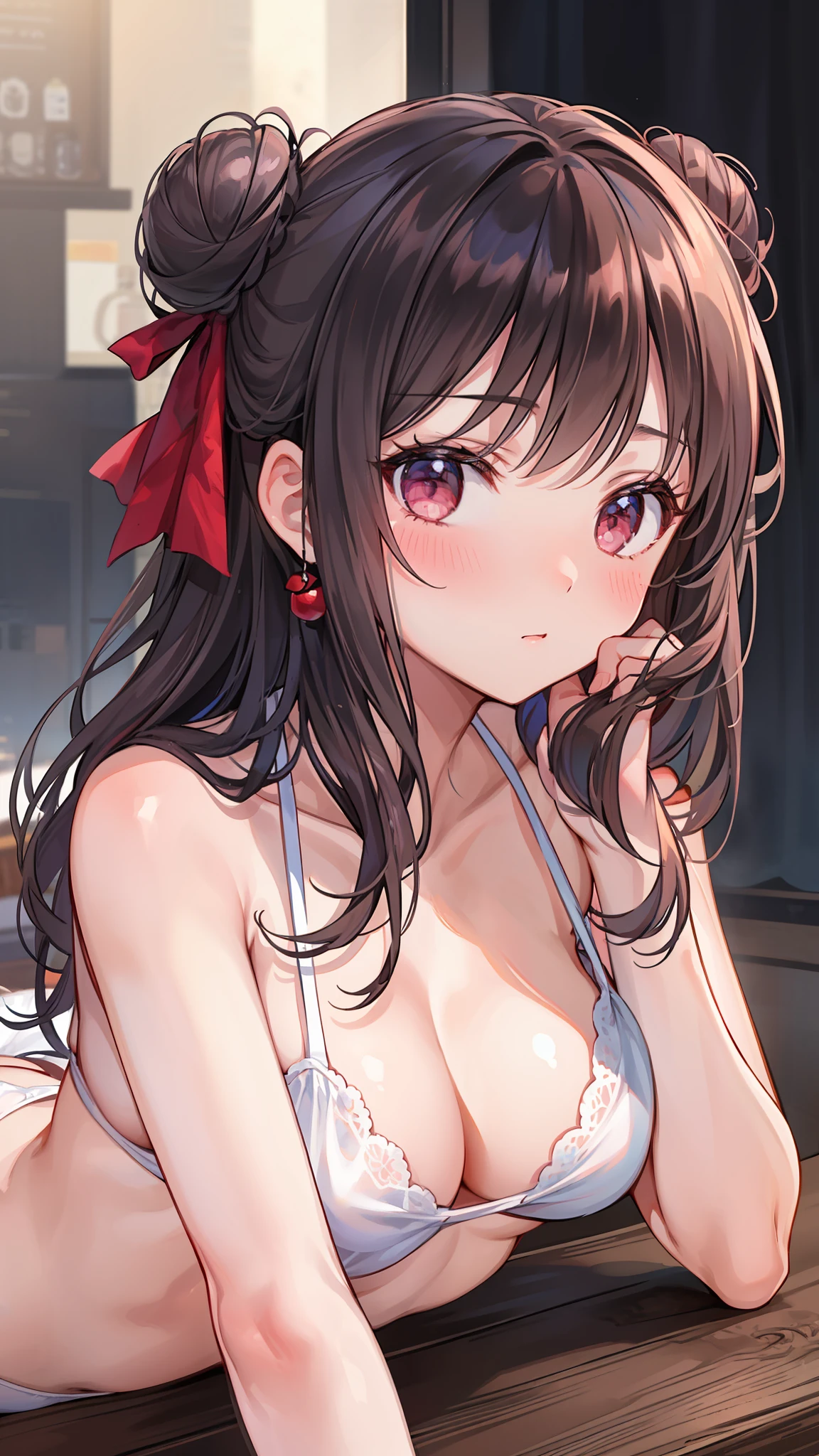 top-quality、​masterpiece、1 girl in、Bun hair、White bikini、all-fours、Kamimei、looking at the viewers、red blush