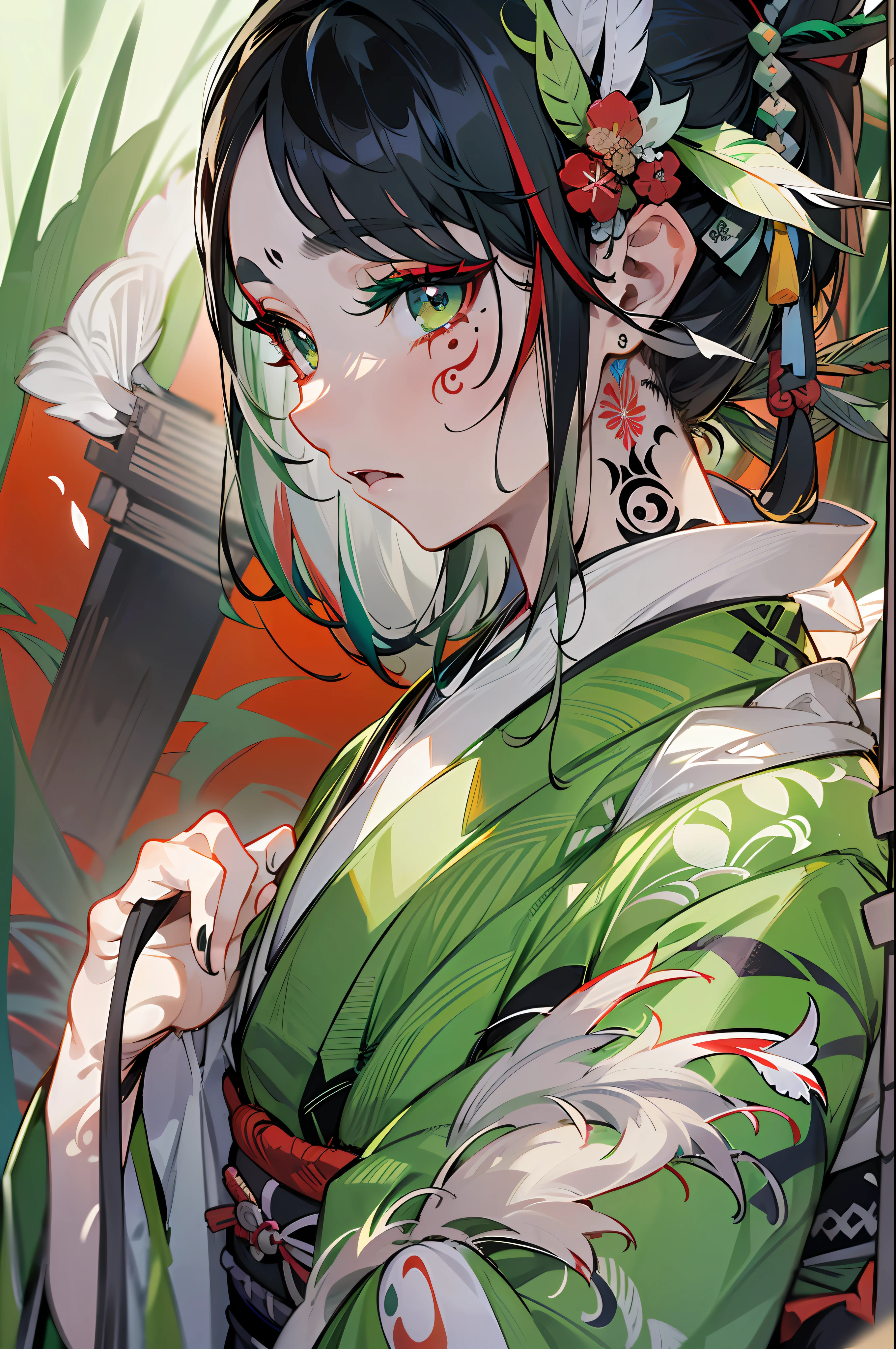masterpiece, 8K, 1woman, Japanese, beautiful, (black hair streaked light green:1.3), (a green and white feather hair ornament), heavy makeup, (black tatoo like shodo under her eyes:1.3), round eyes, vivid red iris, fair skin, black kimono:1.5