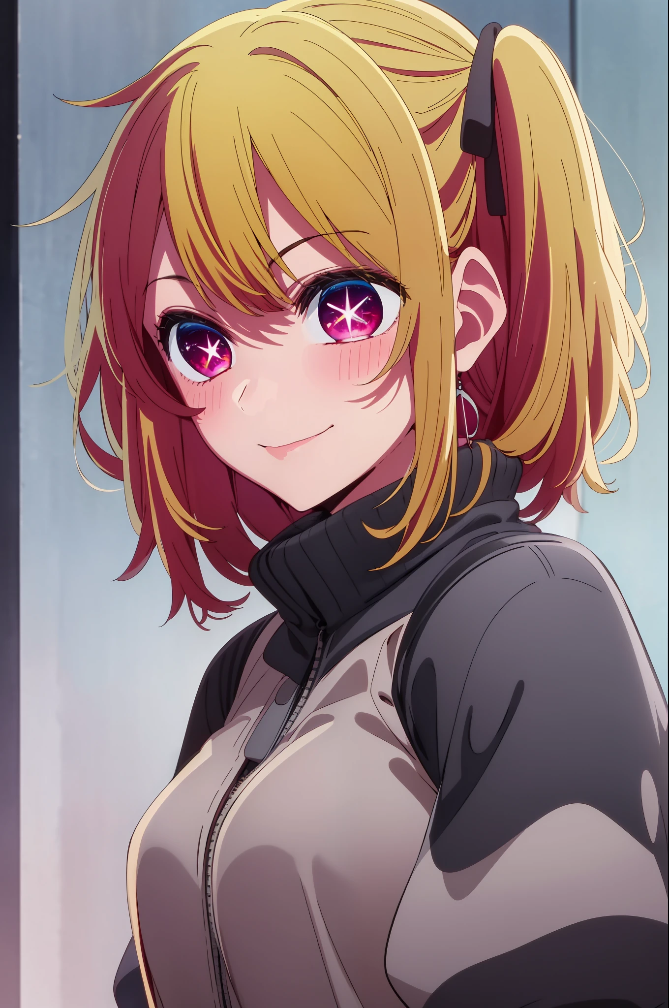 1girl in, 独奏, Hoshino Ruby, symbol-shaped pupils, Left star-shaped pupil, sparkly eyes, (Left star), red eyes, blonde  hair, side poneyTail, A smile, Hi-Res, top-quality, ​masterpiece、Red Black Dress