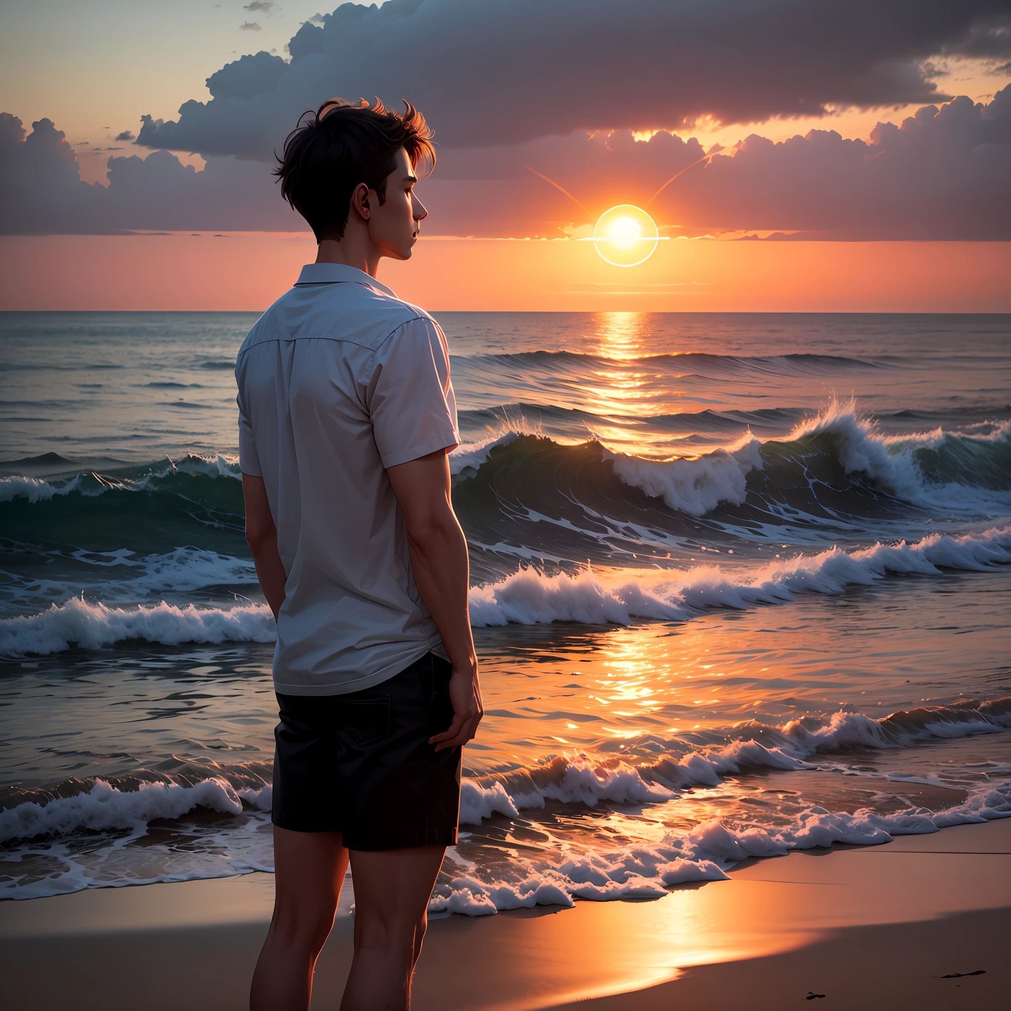 the setting sun,the sea,Melancholic man,Far away,Disney 3D,a warm color palette --auto
