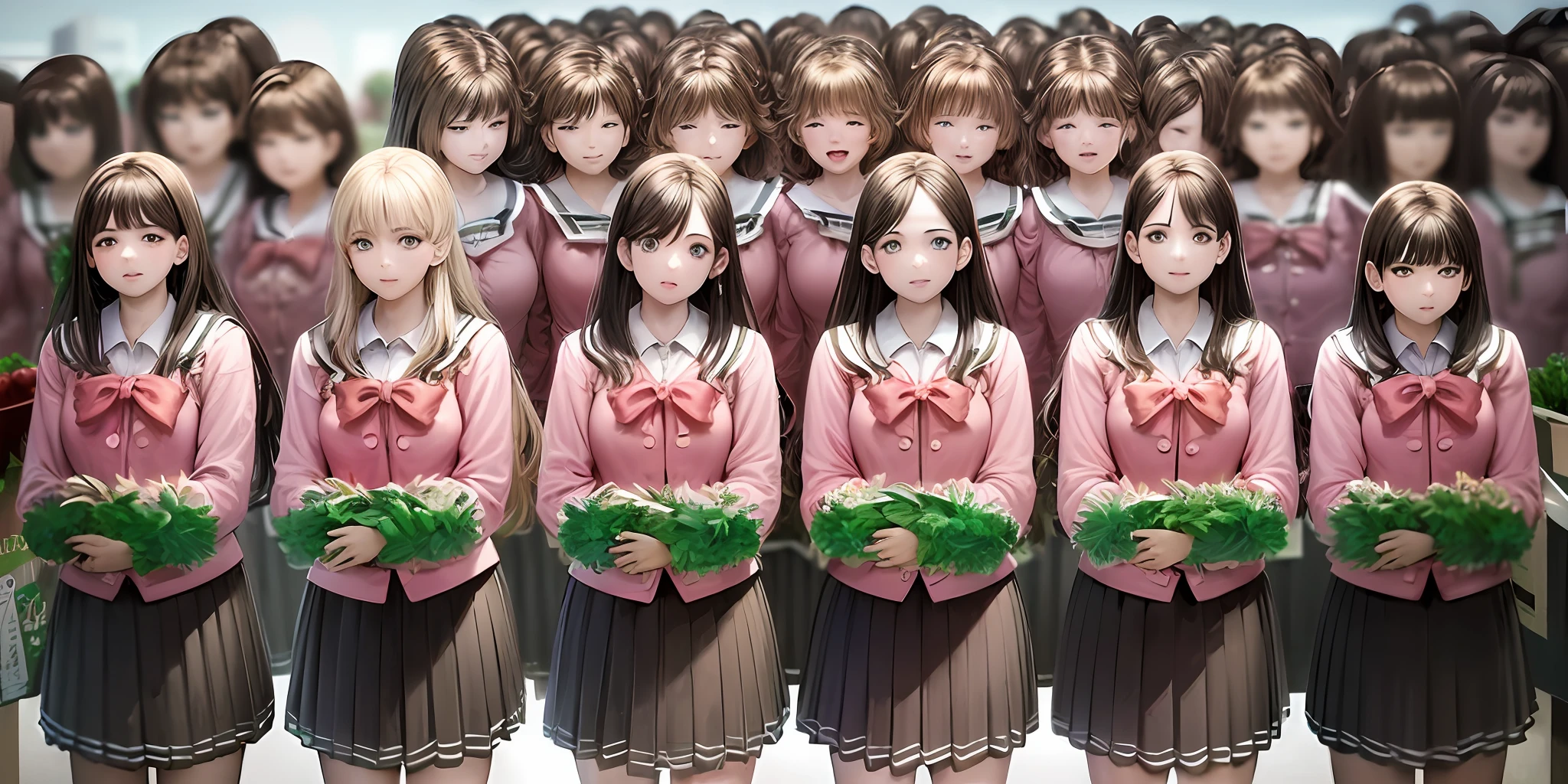 ((Masterpiece, highres)), ((thousands of, crowd of)), girls, group, clones, (( brown haired girls, blonde girls)), long hair, curly hair, matching hairstyles, different hair color, confident, elegant, rich girls, emotionless, arms at sides, straight backs, (((matching outfits, identical outfits, pink school uniforms))), standing at attention, shoulder to shoulder, same pose, sisters in neat rows, many rows, crowd shot