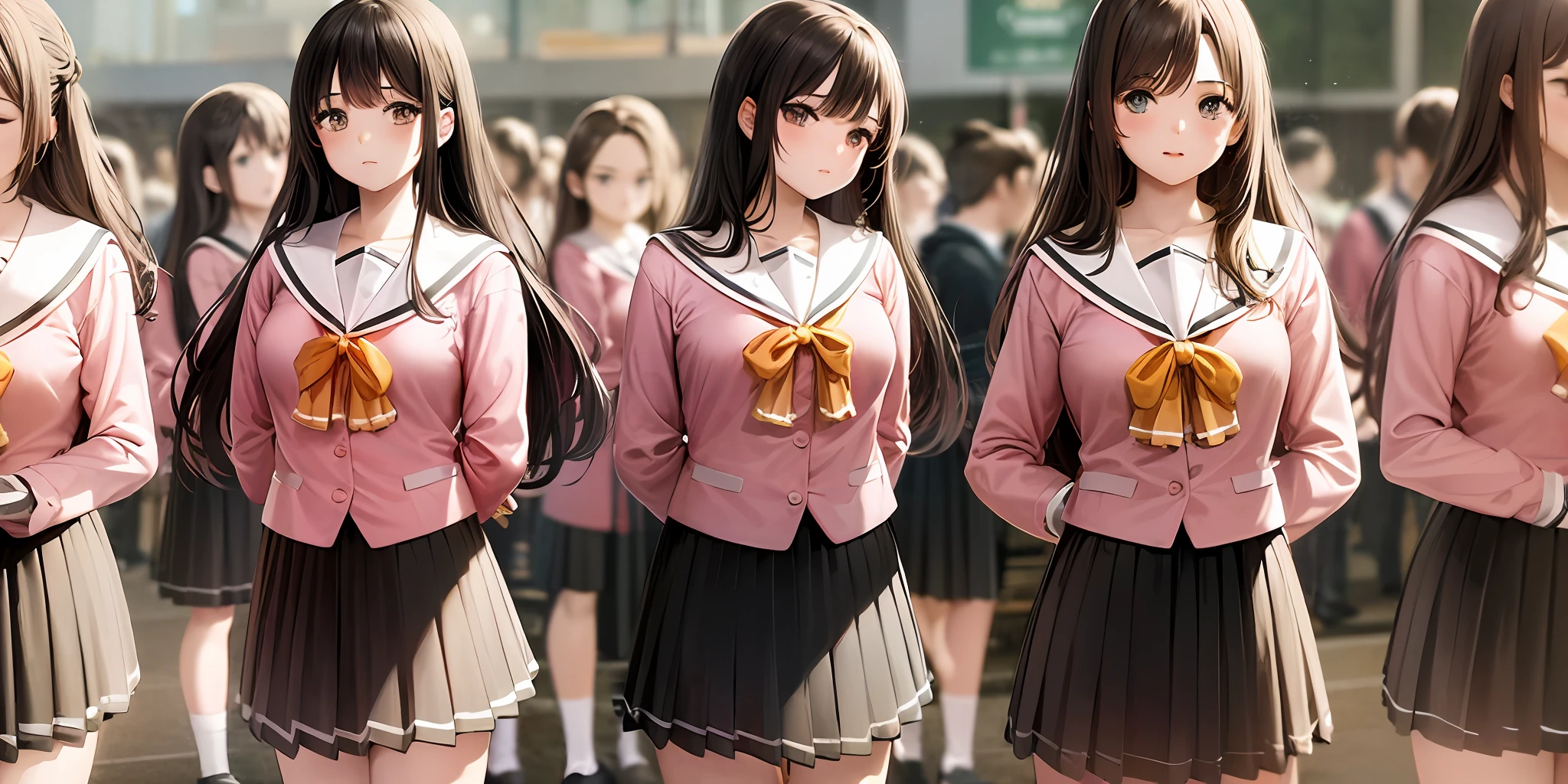 ((Masterpiece, highres)), ((thousands of, crowd of)), girls, group, clones, (( brown haired girls, blonde girls)), long hair, curly hair, matching hairstyles, different hair color, confident, elegant, rich girls, emotionless, arms at sides, straight backs, (((matching outfits, identical outfits, pink school uniforms))), standing at attention, shoulder to shoulder, same pose, sisters in neat rows, many rows, crowd shot