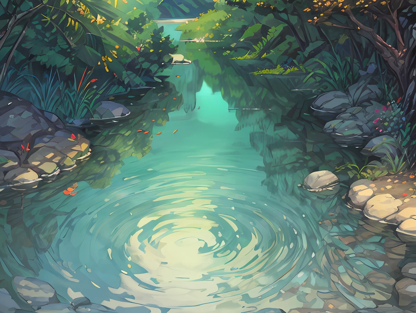 Chinese ancient times, spring, jungle, lake, cave, waterfall, tree, meadow, rock, deer, hot spring, water vapor, (illustration: 1.0), epic composition, realistic lighting, HD details, masterpiece, best quality, (very detailed CG unified 8k wallpaper)