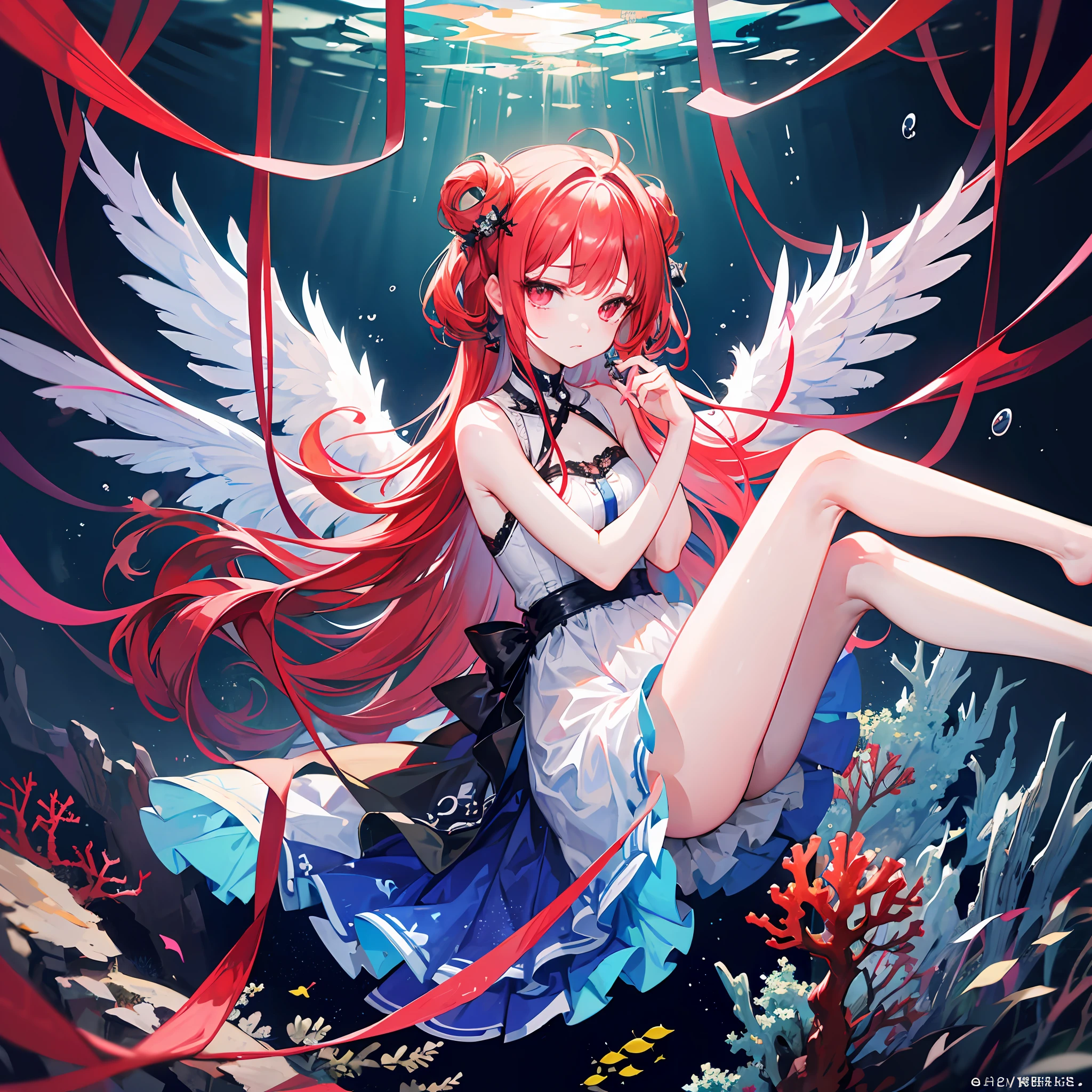 high-level image quality、hiquality、masterpiece、murky、bottom of the ocean、The seabed where light does not reach、Lots of bubbles、Inexhaustible desire、Broken coral reef、Bubbles on glitter background、Red haired girl with red eyes、Holding the legs、Rounding the body、Take fetal pose、sideways Facing、Hungry look、Beautiful eyes、Sparkling eyes、regret、Hold your face with both hands、Hold a grudge against someone、A face that has abandoned hope、sad Facial expression、Broken wings、pointless、pointless、A wistful look、treachery、I don't want to be with you、solitude、