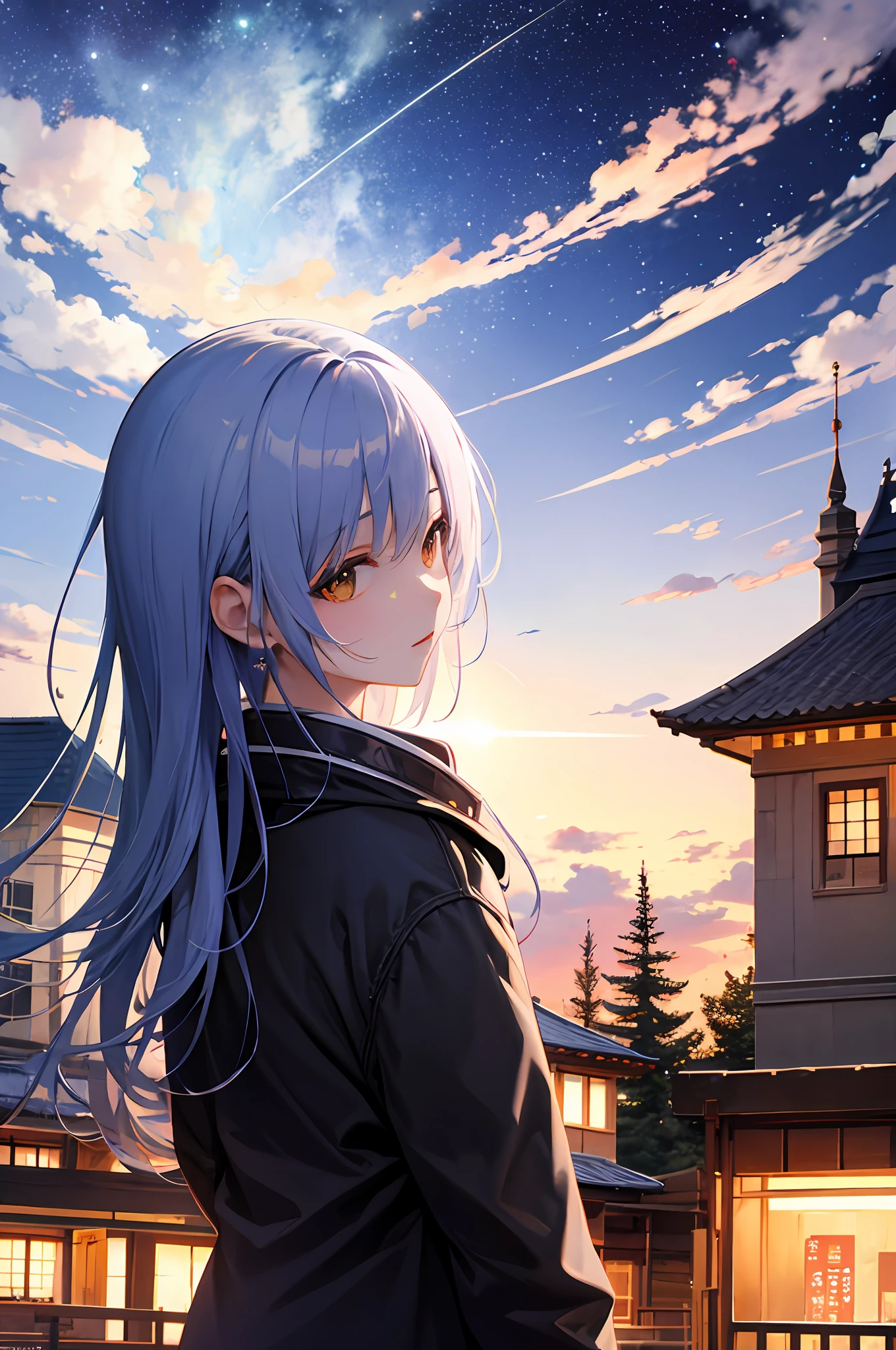 octane,Skysky,As estrelas(Skysky),scenecy,starrysky,the night,1girll,nigh sky,独奏,exteriors,buliding,clouds,galactic,The tree,城市,siluette,idyllic