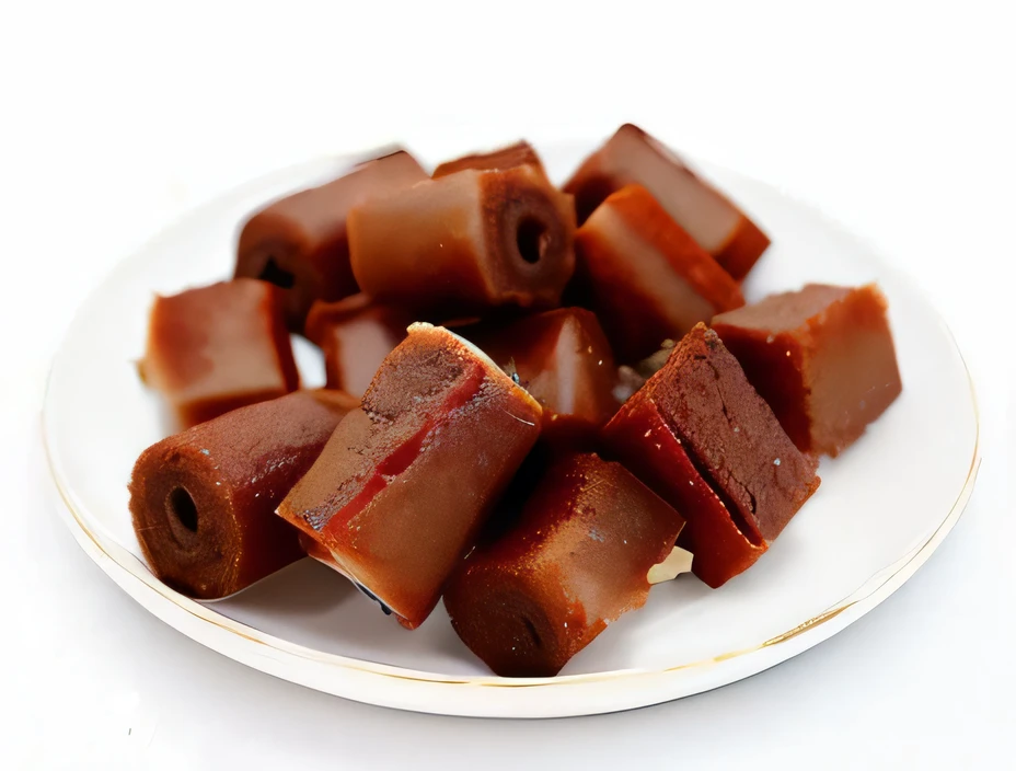 There was a plate of hawthorn cake on a white plate, caramel, Hawthorn rolls, wax, glazed, F 2. 0, Gummies, fruitcore, Snacks, F 2.5, 1 0 mm, 10 mm, 10mm, tastes, made of glazed, 5 mm, honey, C 12.0, 8 mm, 8mm --auto