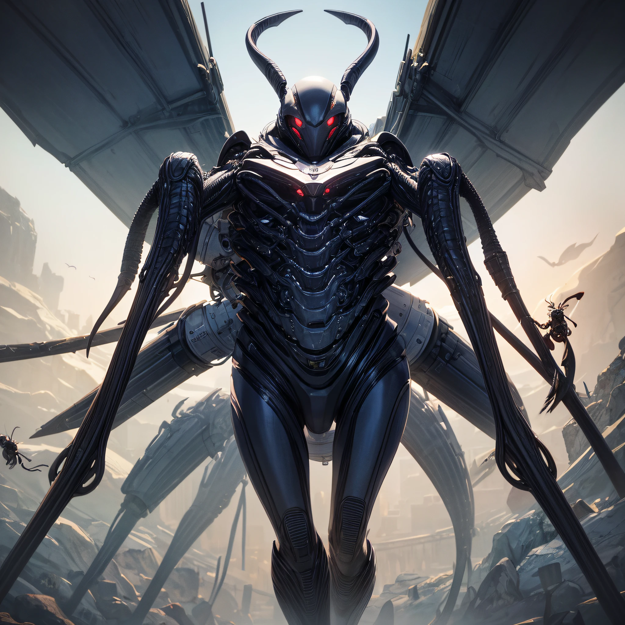 um ser vivo,alien,of the ant breed;humanoide sexy,malvada,seios grandes,imagem nitida uhd,muitas armas,planeta em chamas,evoluido,technological